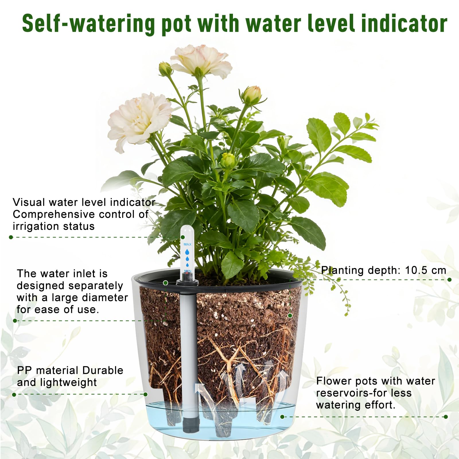 TWSOUL Lot de 2 pots à arrosage automatique avec indicateur de niveau d'eau, réservoir d'eau avec système de pot en pot, idéal pour plantes d'intérieur et herbes, intérieur et extérieur, 18 x 15,5 cm