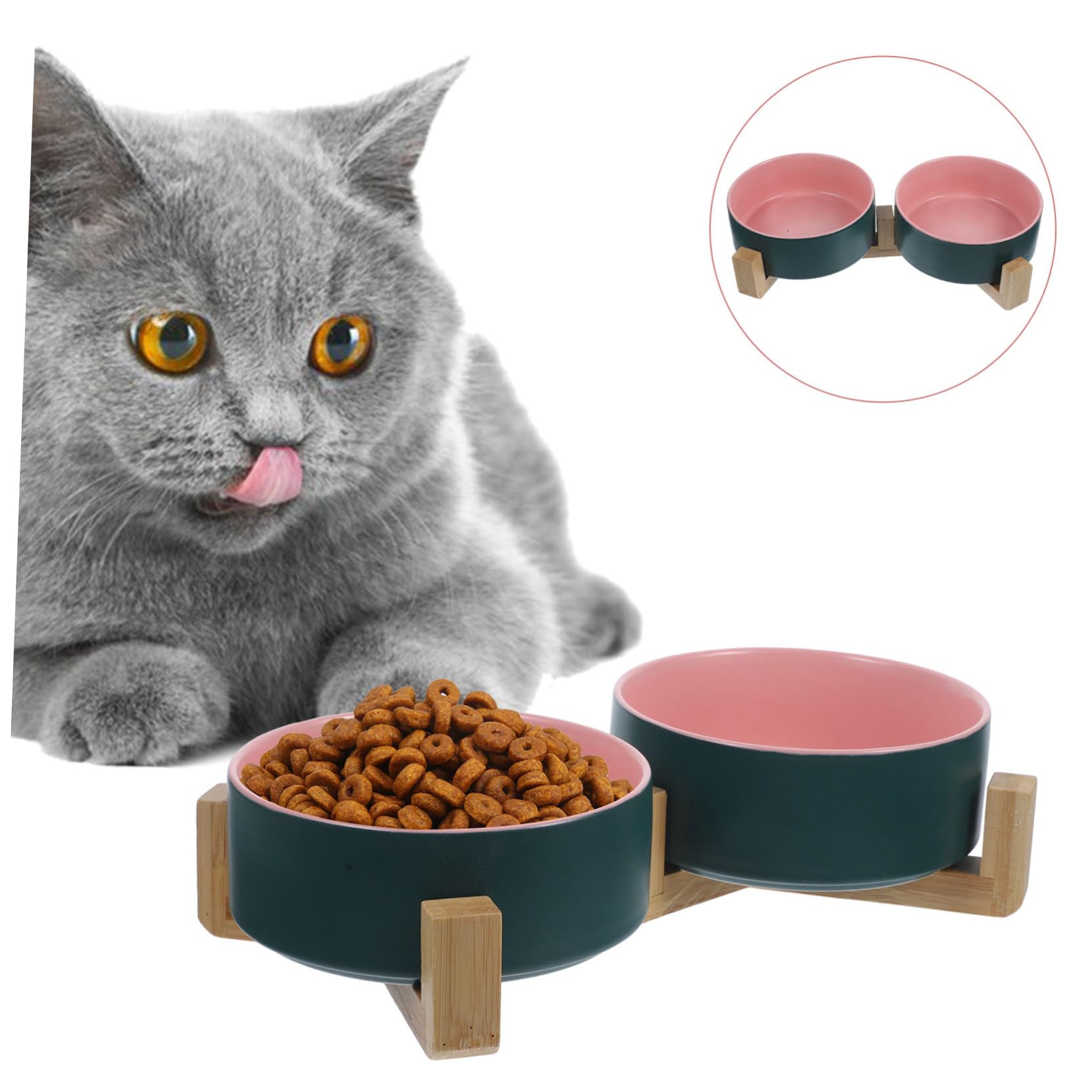 SUPVOX Gamelle Céramique Chat Double avec Support en Bois pour Nourriture et Eau, Design Élégant et Pratique