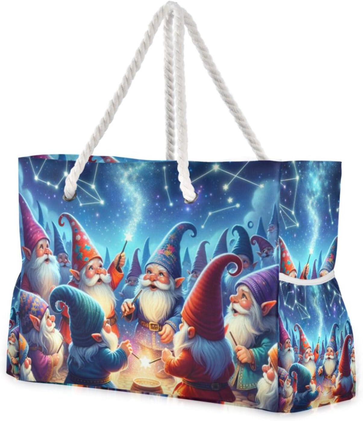 OTVEE Gnomes with Stars Pattern Beach Bags for Women Ladies Large Canvas Tote Shoulder Bag Waterproof Travel Bags for Gym Swim Pool Camping