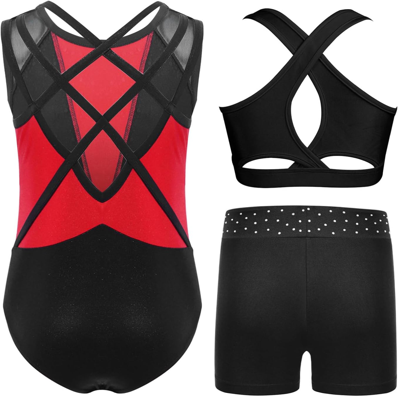 Hularka Kids Girls Sparkly Sleeveless Gymnastics Leotard Ballet Dance Unitard Biketard Crop Top and Tumbling Shorts Set