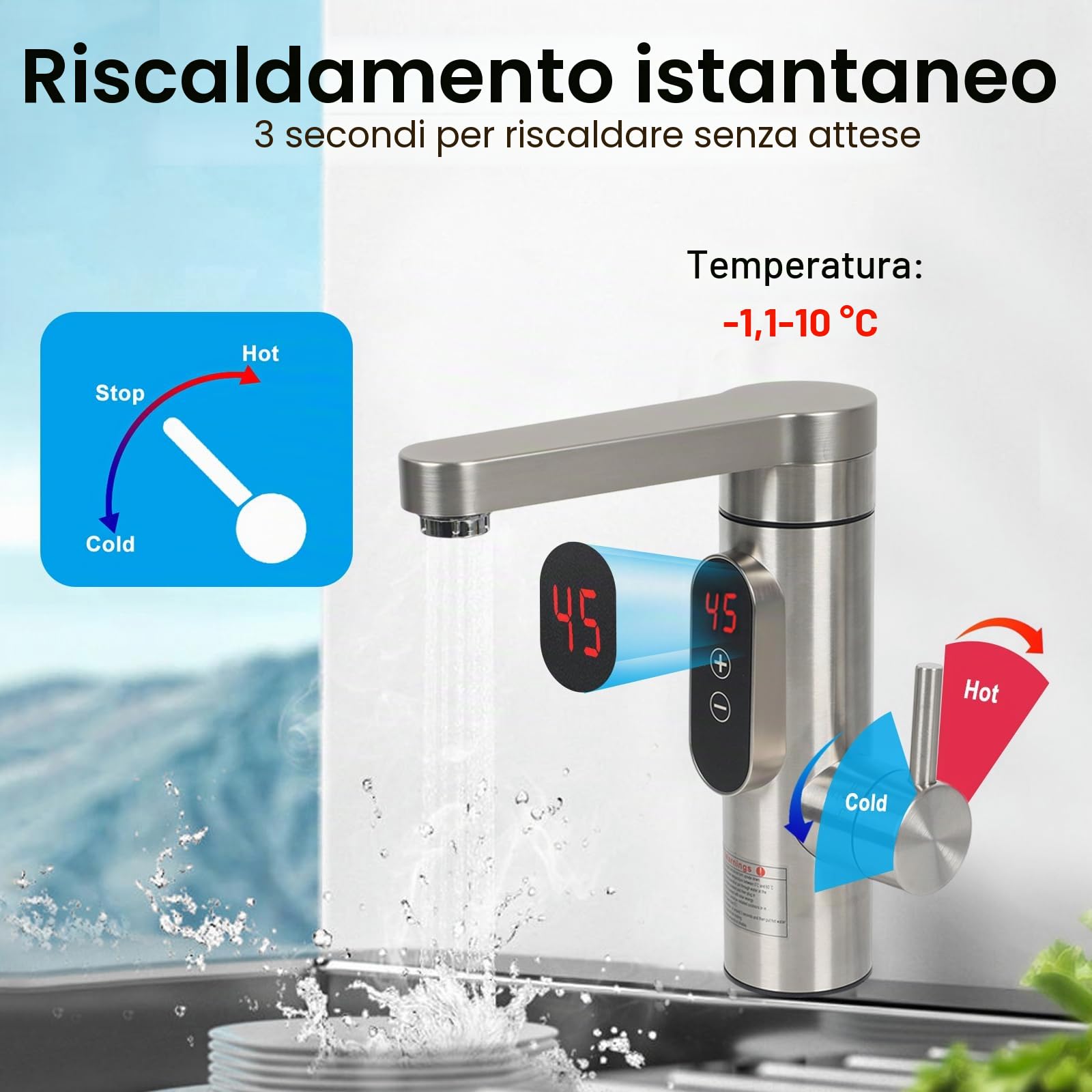 Rubinetto elettrico con scaldabagno, temperatura regolabile da 30 a 55 °C, 230 V, in acciaio inox, per cucina