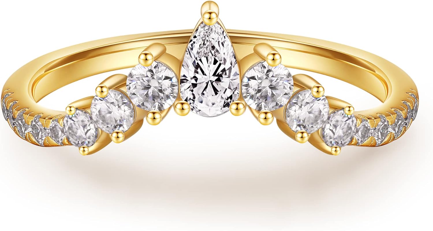 MOOSEA Moissanite Tiara Rings for Women, Lab Created Rings 925 Sterling Silver Pear and Round Moissanite Contour Wedding Band for Women Wife Chevron Rings