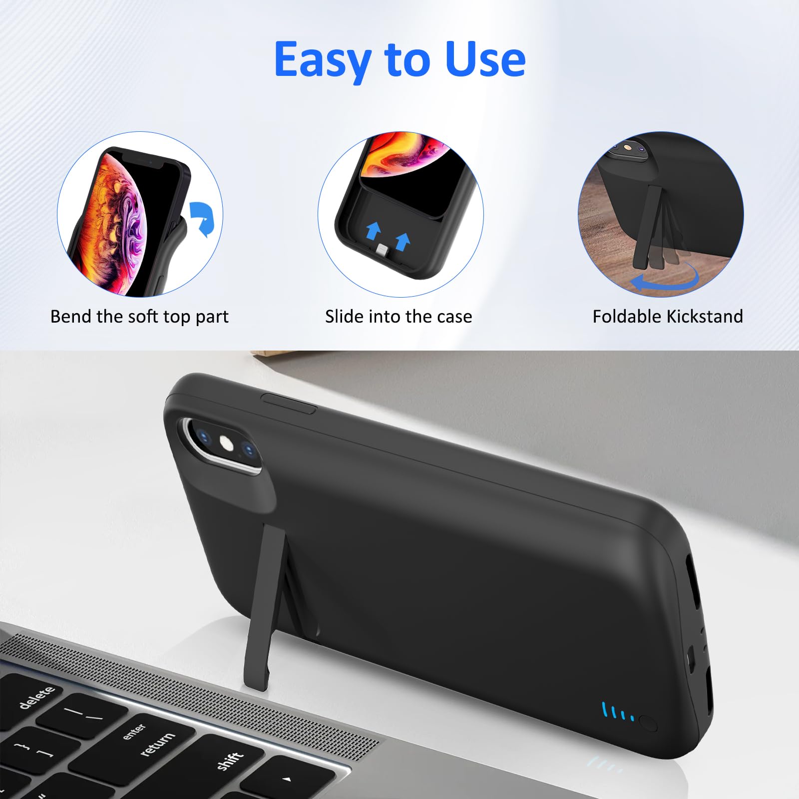 Custodia con Batteria per iPhone X/XS (5,8‘’), Custodia di Ricarica Sottile Ricaricabile da 8500 mAh con Supporto Batteria di Riserva Portatile Protettiva per iPhone X/XS - Nero