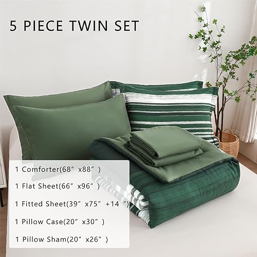 Miniatura 2 de KAKIJUMN - Juego completo de edredón y sábanas de 5 piezas en una bolsa, para todas las estaciones, de microfibra suave, diseño de rayas y retazos