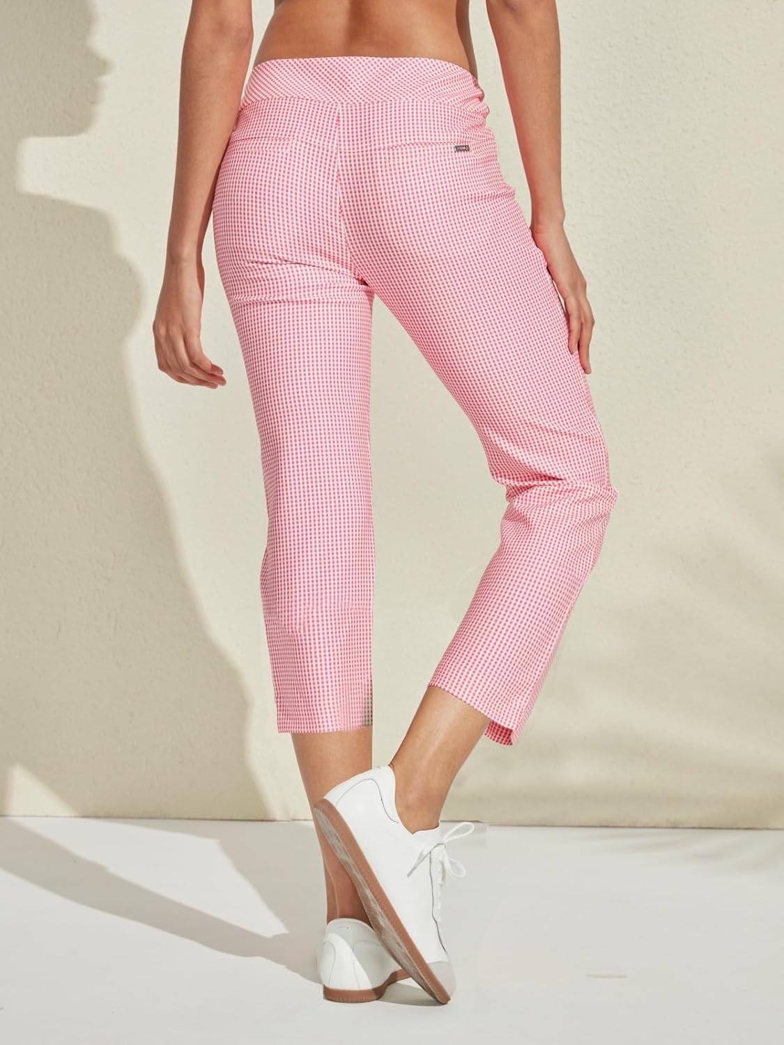 Womens Golf Plaid Pants Business Casual Checkered Capri Pant for Women Stretch Sweatpant with Pockets for Athletic Travel