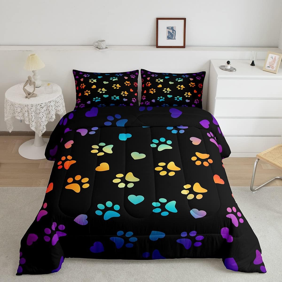 Manfei Dog Paw Print Kids Comforter Set Full Size,Animal Pet Neon Bedding Set,Girls Boys Adults Home Bedroom Decor,Puppy Kawaii Cartoon Down Comforter,Colorful Rainbow Duvet Insert,3pcs,2 Pillowcases