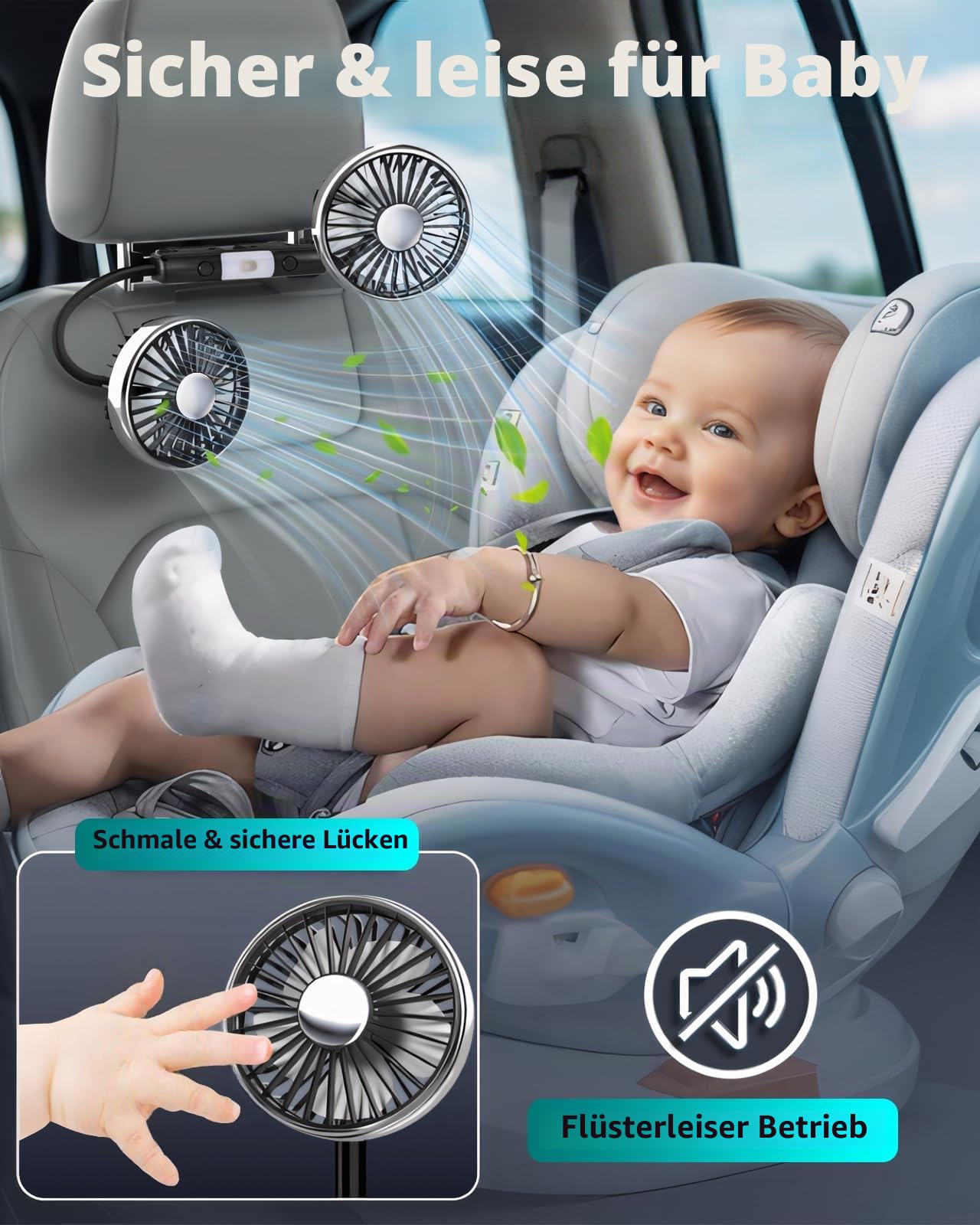 360° Schlauch-Kühlventilator für Auto Rücksitz, Kinder & Baby nach hinten gerichtet – Tragbarer USB-Ventilator für Auto, SUV, Wohnmobil & Pickup (Kopfstütze) – 3 Geschwindigkeiten & LED-Licht