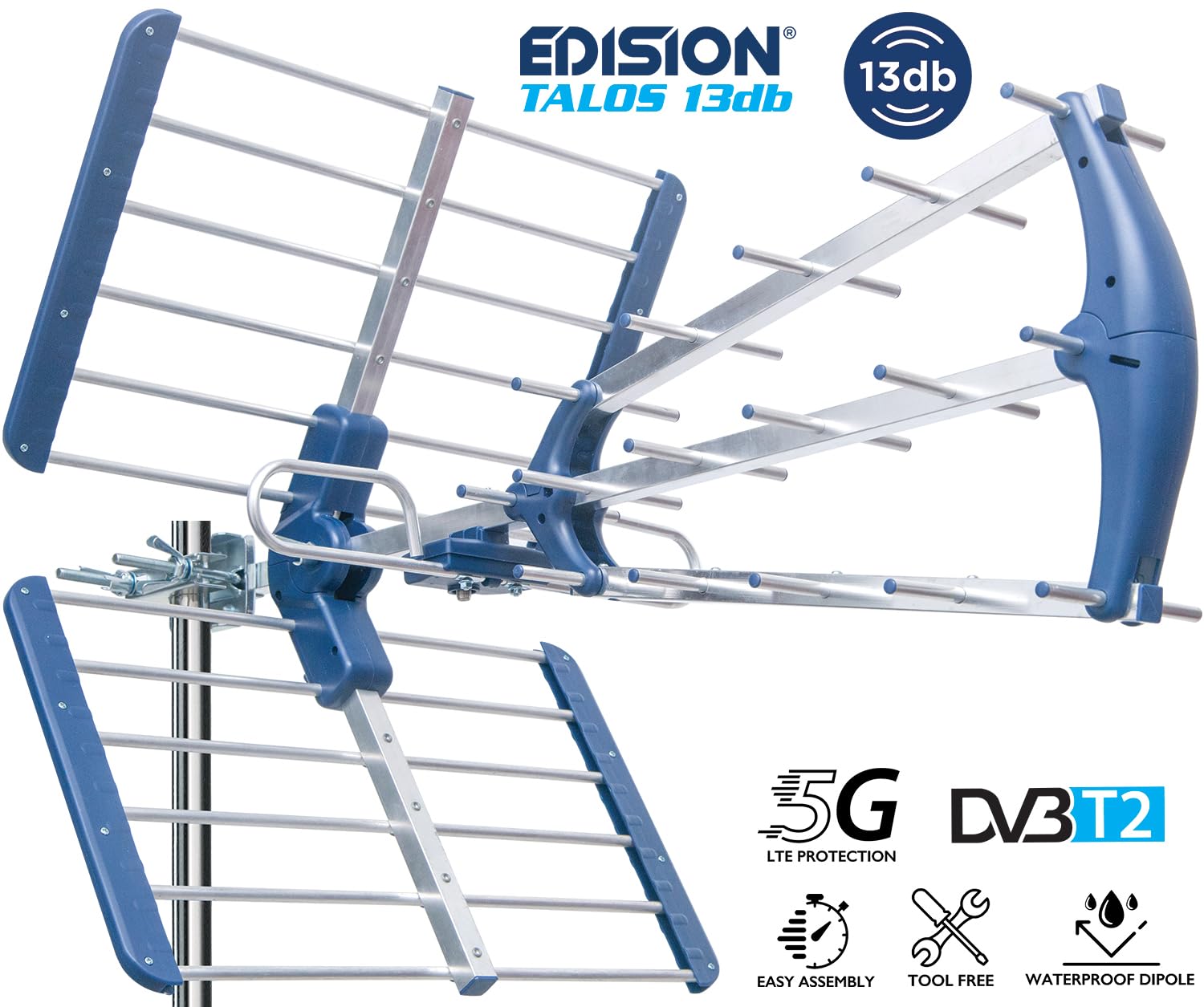 EDISION TALOS 13db Antenna TV tripla Digitale Terrestre UHF 21-48 esterno & Metronic 414114 Amplificatore TV Vhf/Uhf per Digitale Terrestre con Filtro Lte