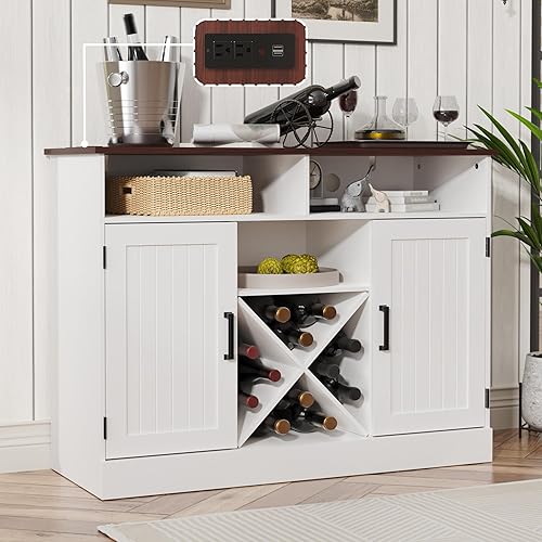 MHOM Armario de café de granja con salidas Prower, armario rústico de licor con estante para vino, gabinete de vino de madera para comedor y sala de