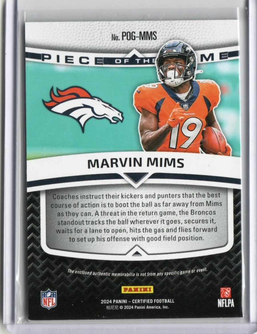 Marvin Mims Authentic Memorabilia Serial Numbered 177/249 Piece of the Game Collectible Football Card- 2024 Certified Football Card #POG-MMS (Broncos)