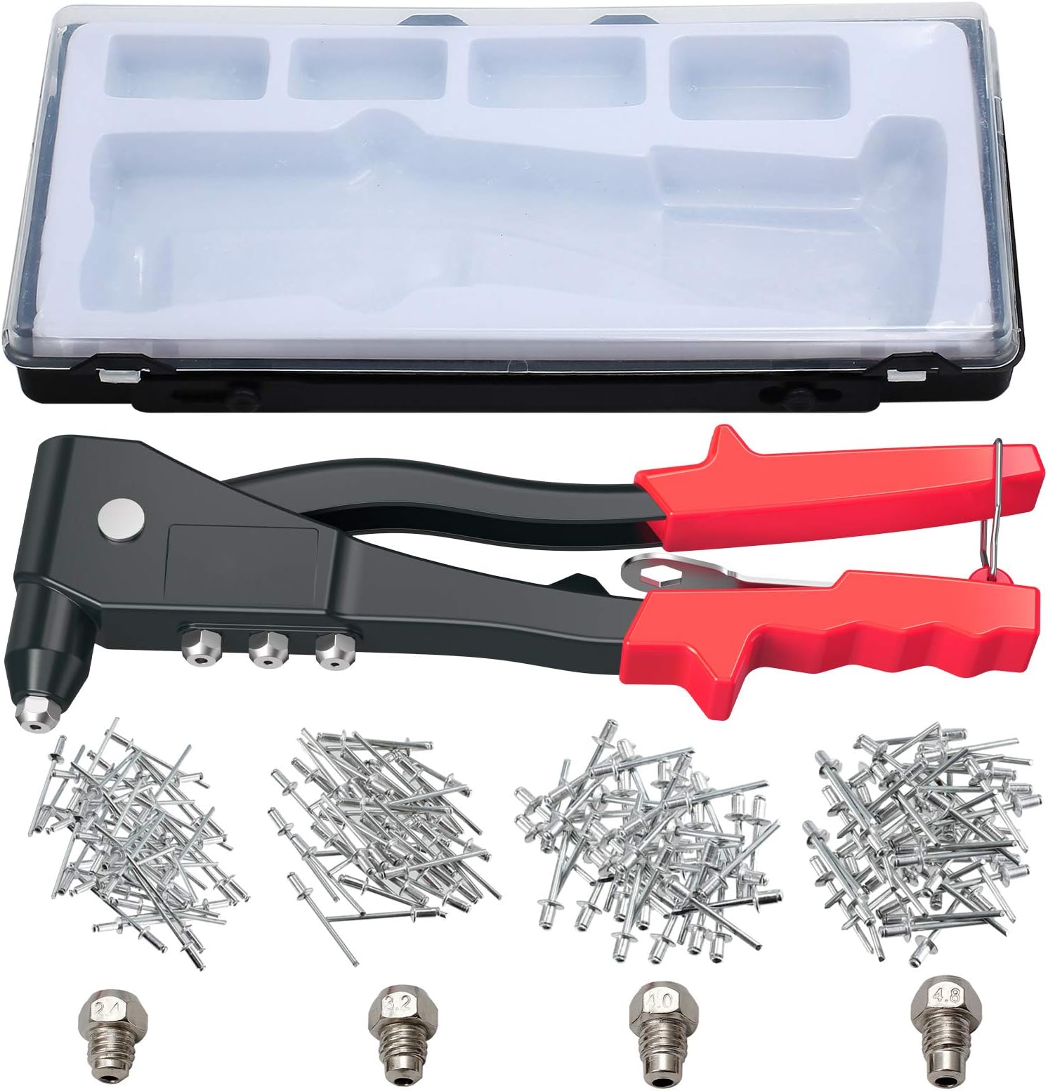 eSynic Riveting Tool Pop Rivet Kit, Professional Pop Rivet Gun Heavy Duty Hand Riveter Kit Rivet Tool with 200 Rivets-2.4mm 3.2mm 4mm 4.8mm four Sizes for Metal, Wooden and Plastic
