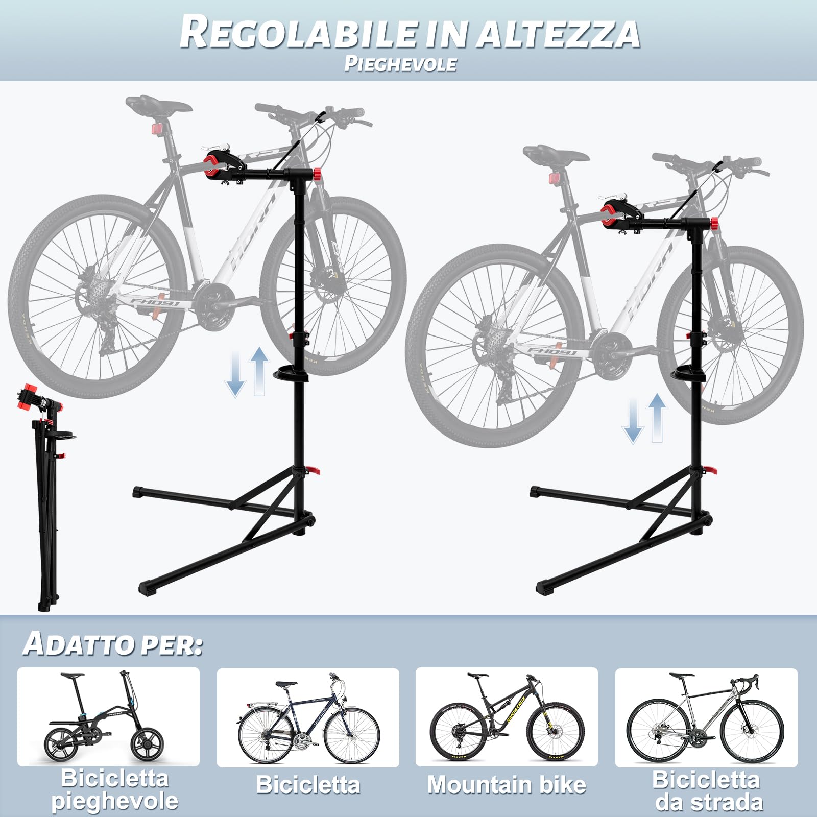 WOLTU Supporto Bici, Cavalletto Pieghevole con Testa Girevole a 360°, per Riparazioni e Carico 25 kg