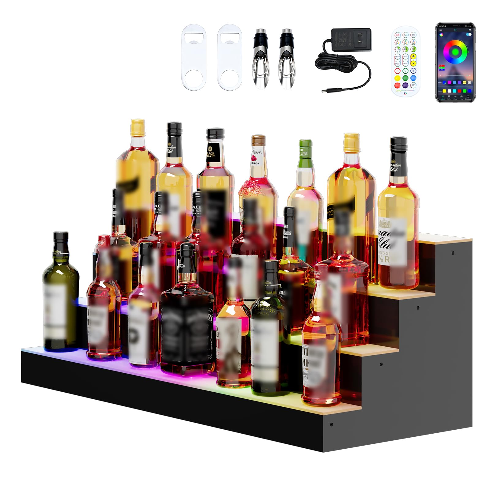 Dethan 4 Tier 40 Inch Liquor Bottle Display Shelf - Wine Racks with Multi-Color App &amp; Remote Control, Adjustable Brightness &amp; Sound Modes, Acrylic Bar Shelves for Commercial Clubs