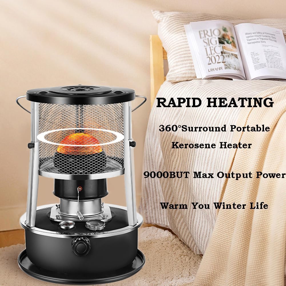 2 in 1 Portable Kerosene Heater & Stove 9000 BTU Non-Electric Indoor Outdoor Heater for Camping, Hunting, Cooking, Home, Garage, and Emergency Preparedness - Black