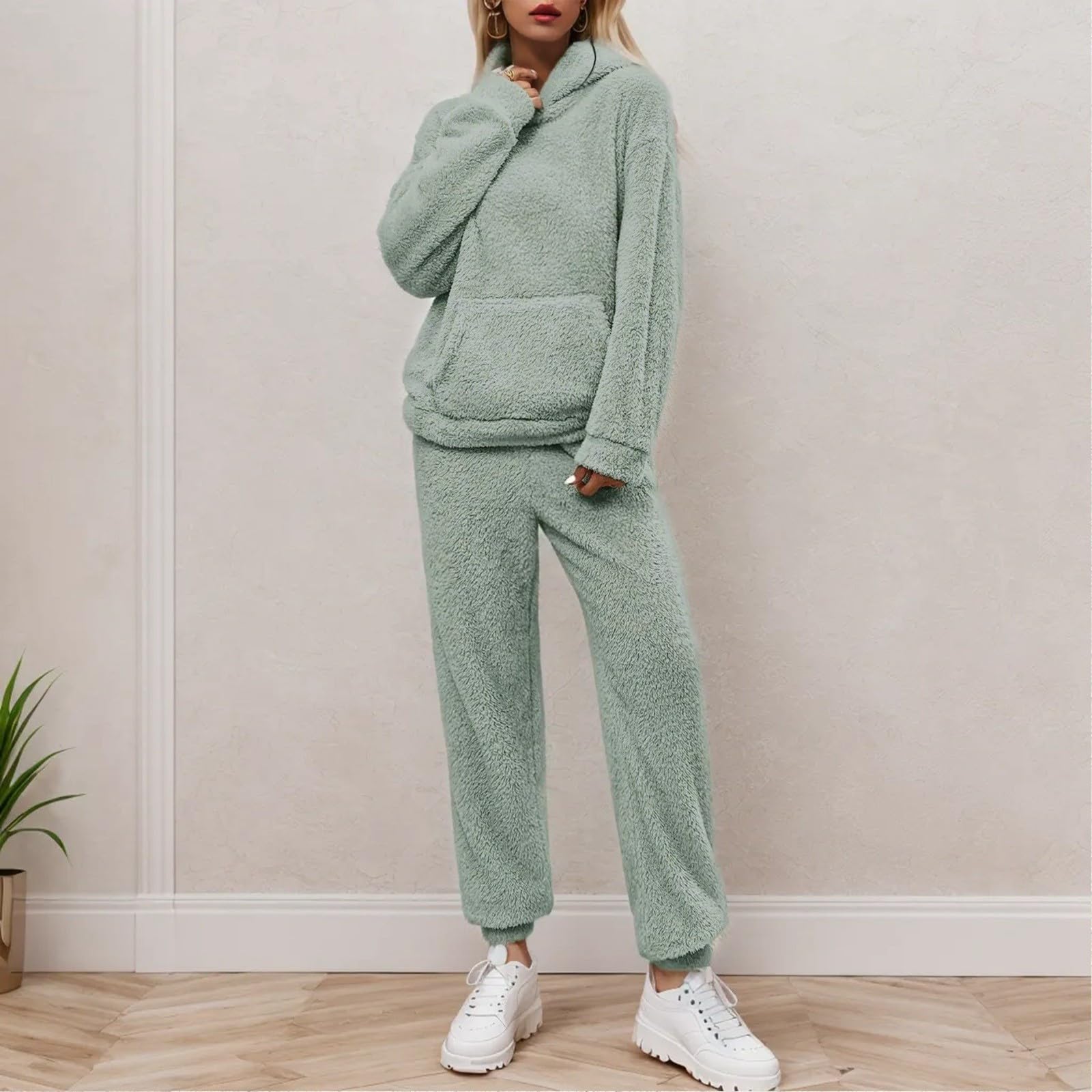 Fulidngzg Flauschiger Schlafanzug Damen Winter Frottee Pyjama Set Kuschelanzug Lang Warmer Hausanzug Teddy Plüsch Kuschelschlafanzüge Homewear Flauschig Kuschelig Plüschpyjamas Plüschanzug