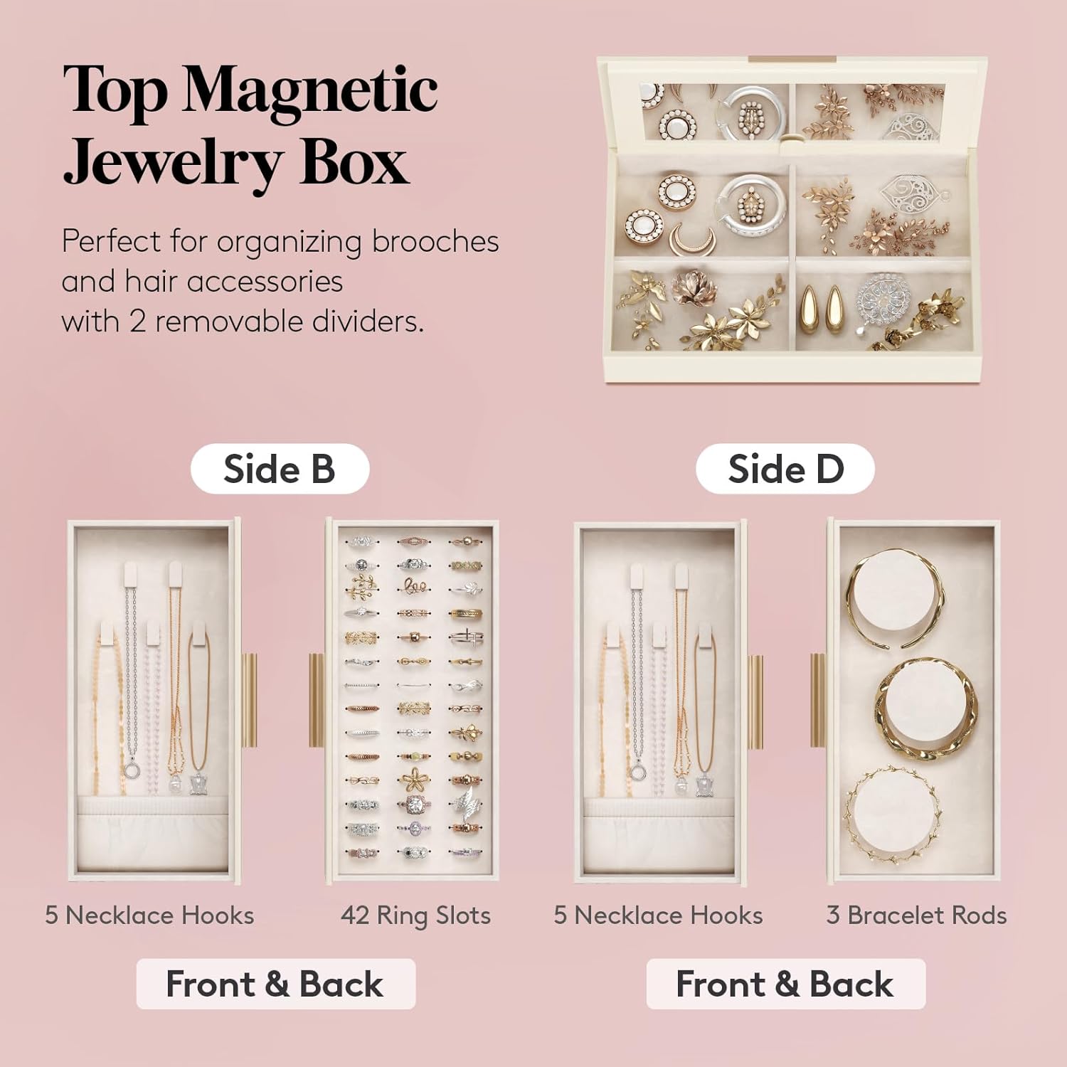 Lifewit 360° Rotating Jewelry Box, Top Magnetic Box wth Mirror, 2 Sides Plus 2 Large Drawers, Jewelry Organizer and Storage Case for Ring Necklace Earring Bracelet, Gift Idea, Creamy White