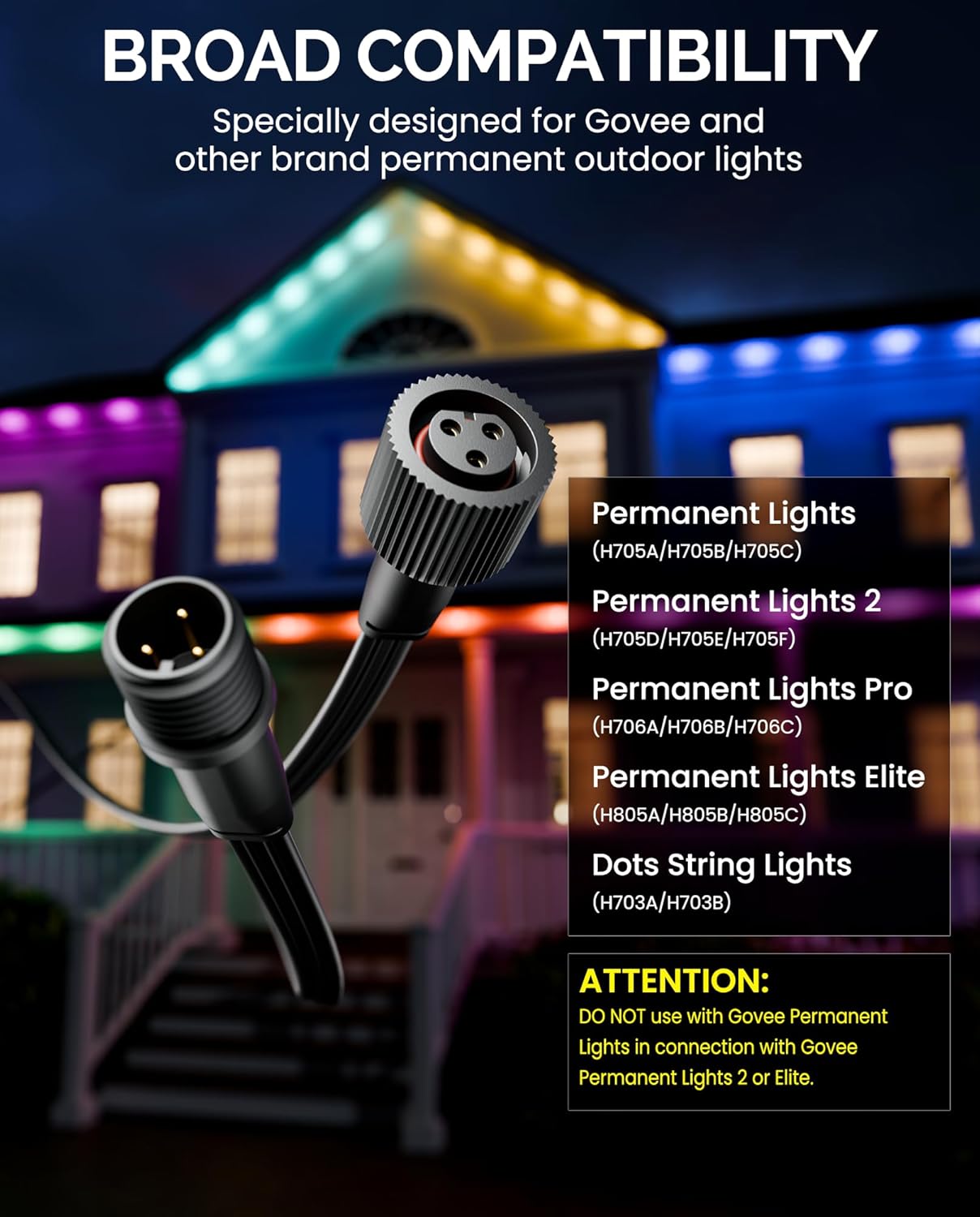 10FT Extension Cable for Govee Permanent Outdoor Lights Series, Waterproof Extension Cord for Govee H705A H705B H705C, H705D H705E H705F, H706A H706B H706C, H805A H805B H805C, 3 Pack, Black