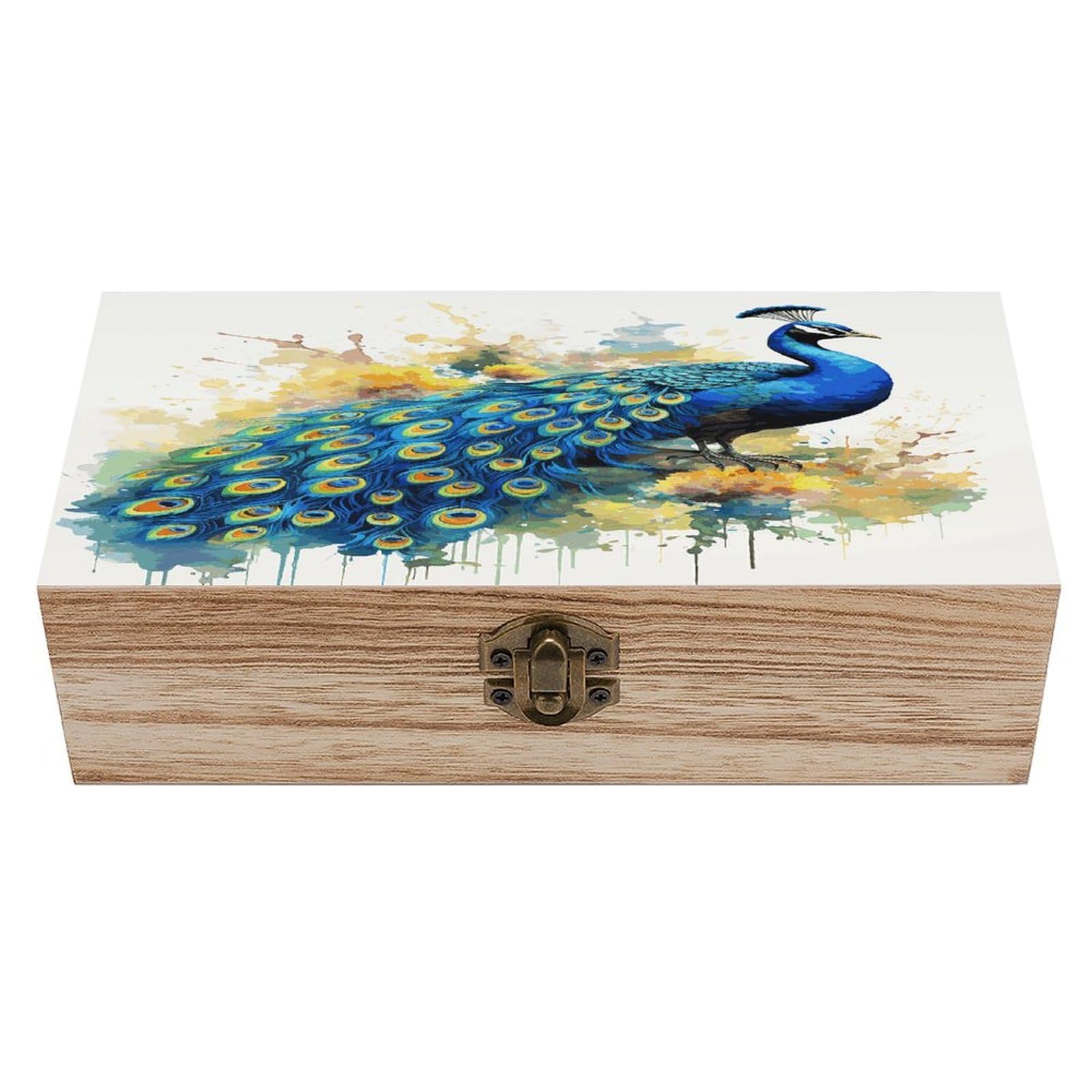 JTREHY Peacock Watercolor Painting Wooden Storage Box Exquisite Durable Wood Gift Case Sturdy Vintage Jewelry Wooden Chest for Art Hobbies Storage Keepsake Gift
