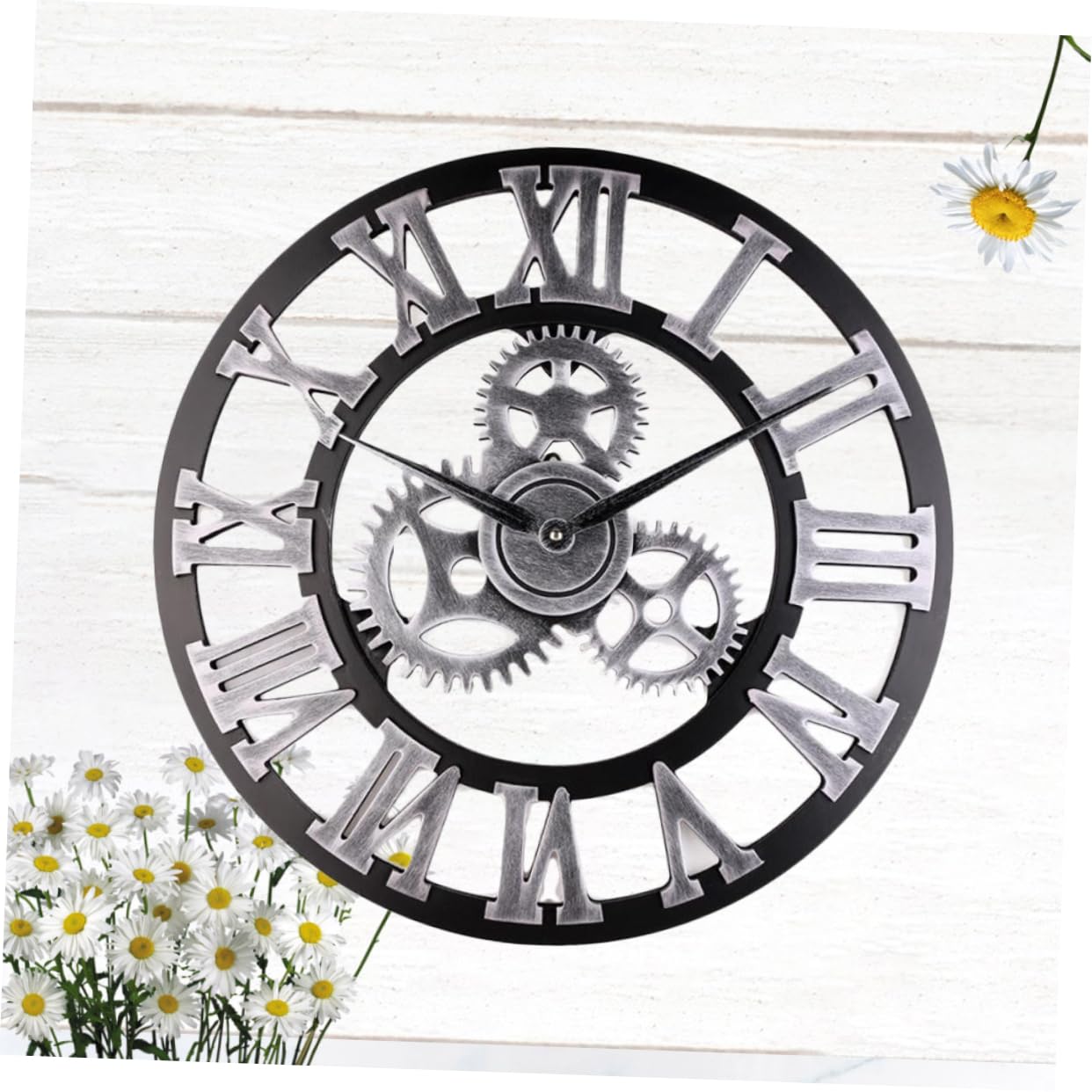 PRETYZOOM Reloj de Pared Diseño Original Estilo Industrial de 34 Cm en Madera Color Plata, Fácil de Instalar y Quitar para Salón u Oficina