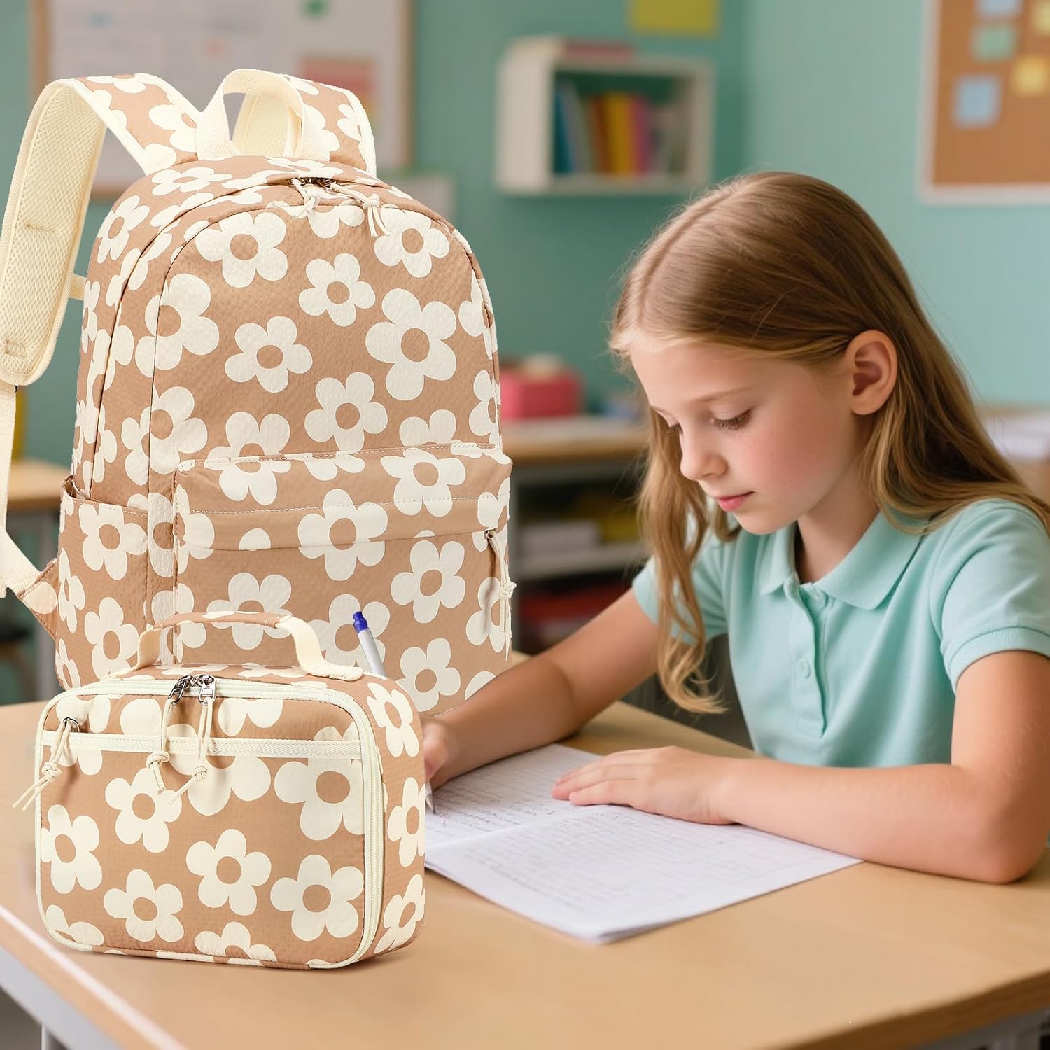 LEDAOU Kids School Backpack with Lunch Box for Boy Girl Toddler BookBag School Bag Preschool Kindergarten Backpack (Flower Brown) - Image 4