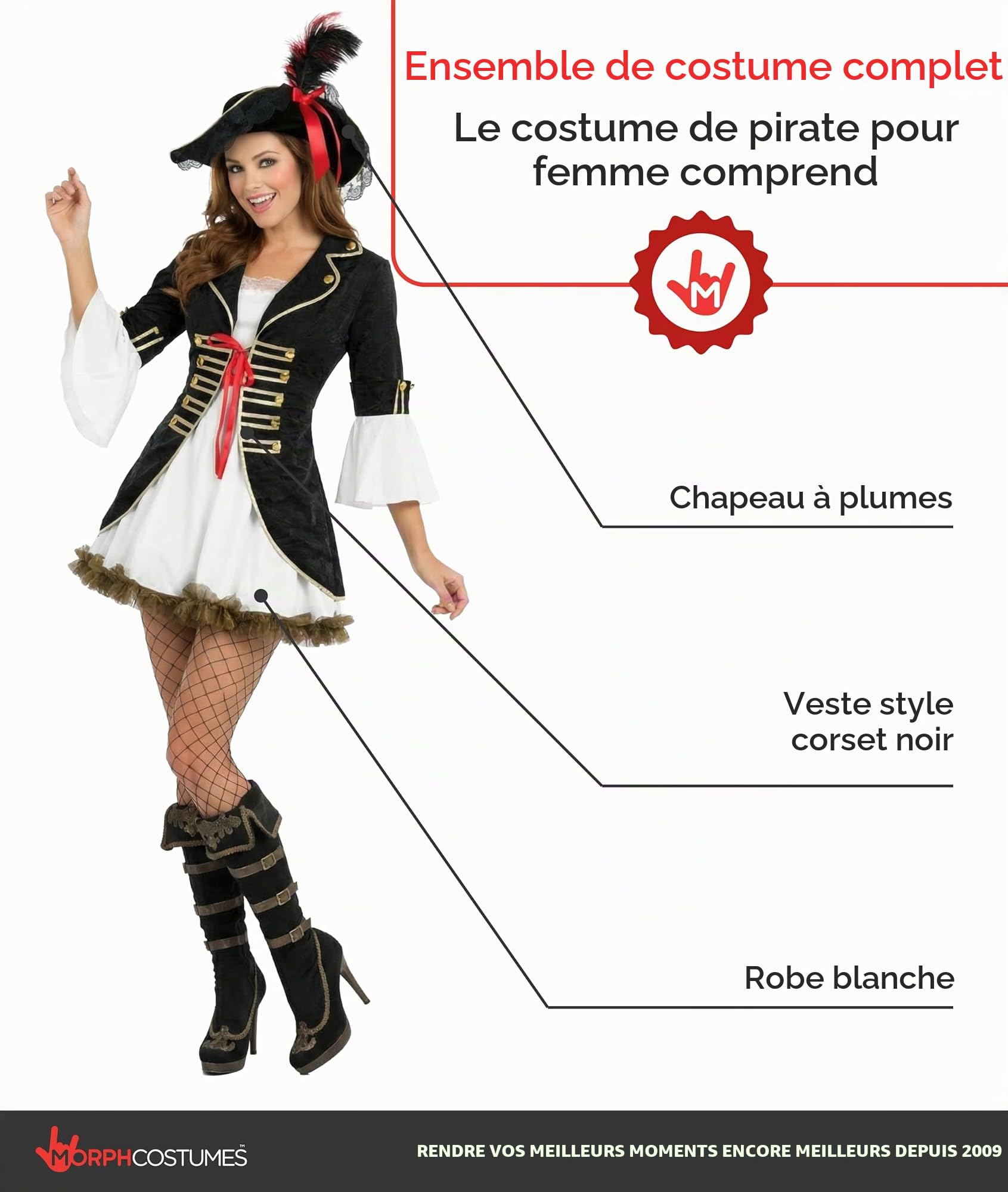Fun Shack Deguisement Pirate Femme, Costume Flibustier Halloween Femme | Veste, Robe Noire & Chapeau, Look Flibustière Élégant, Parfait pour Halloween, Idéal pour se Déguiser
