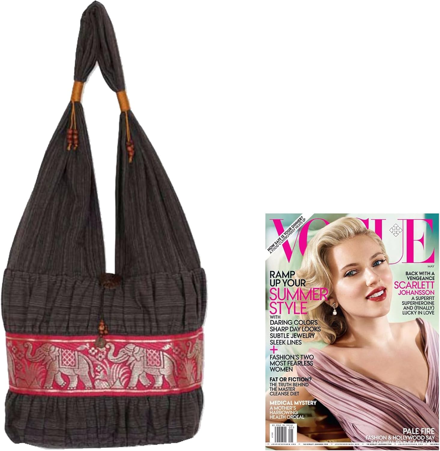 NOVICA Artisan Handmade Cotton Shoulder Bag Grey Coconut Shell Handbags Pink Patterned Thailand Animal Themed Elephant ' Scarlet Thai'