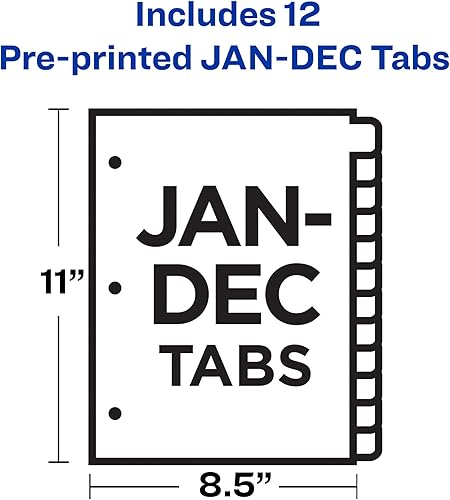 Miniatura 5 de Avery Jan-Dec Separadores para carpetas de 3 anillas, juego de 12 pestañas, pestañas de cuero negro preimpresas, 1 juego de divisor de carpeta