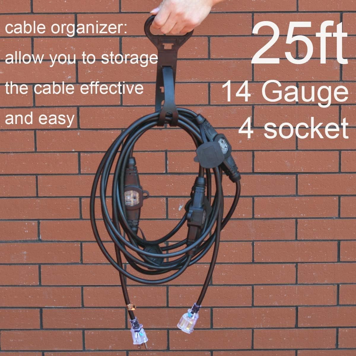 25FT 14 Gauge Outdoor Power Extension Cord,Four Outlet Cable.Multiple Evenly-Spaced Plug Ideal for Landscaping Light,Stage Backline,Holiday Decoration and Christmas,ETL Listed Cord Splitter