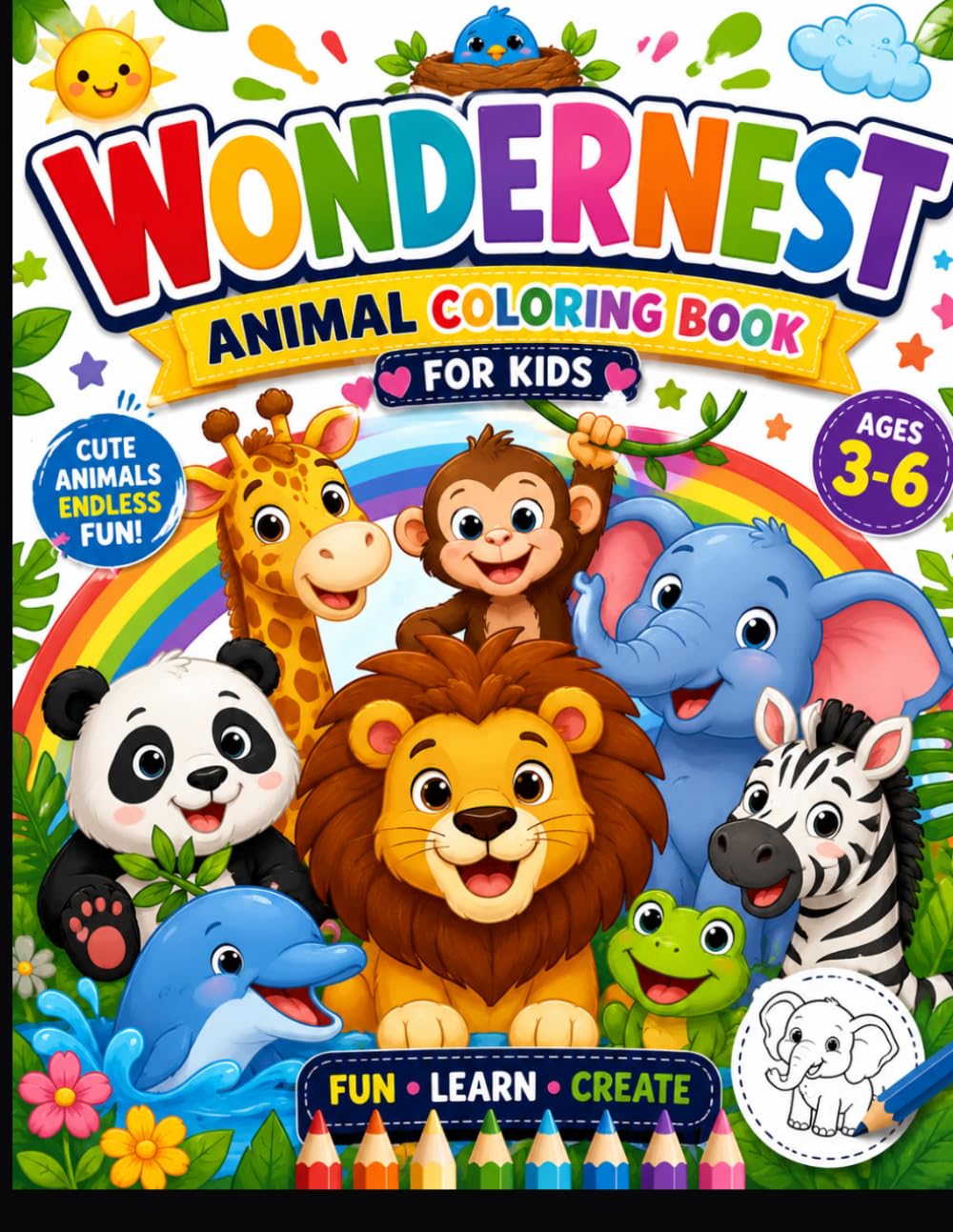 WonderNest Animal Coloring Book for Kids Ages 3-6: Cute and Easy Animal Coloring Pages for Toddlers and Preschoolers | Fun Preschool Activity Book ... Pandas, Elephants, Dolphins, Lions, and More