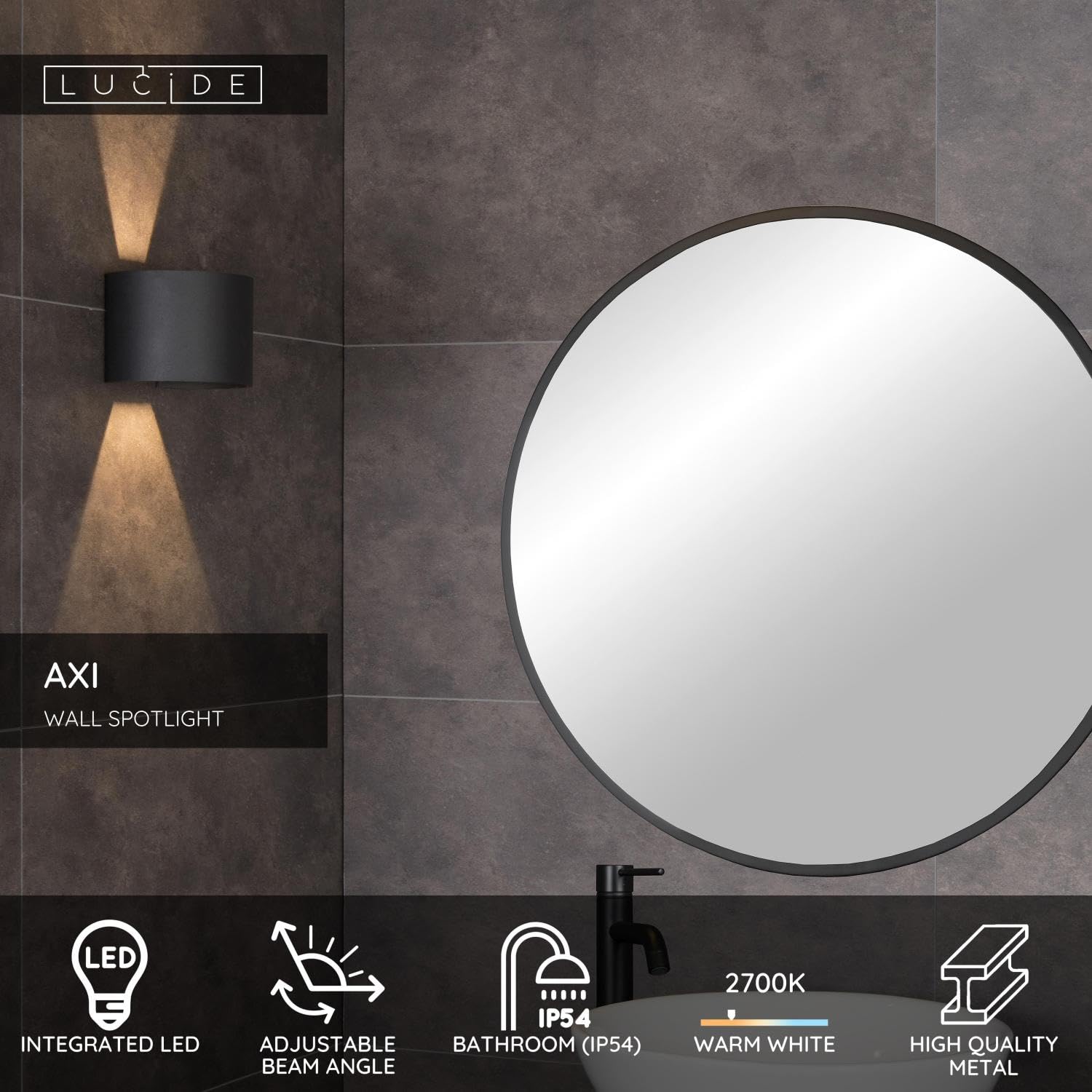 LUCIDE AXI - Wandstrahler/Wandleuchte Badezimmer - LED - 2x7W 2700K - IP54 - Einstellbarer Abstrahlwinkel - Schwarz