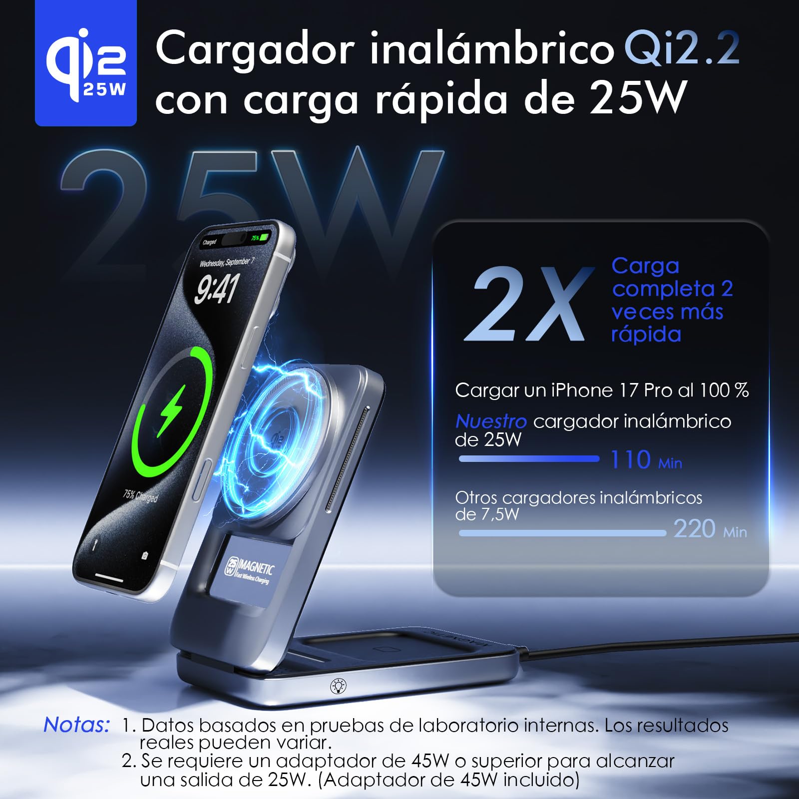 Cargador Inalámbrico Qi2.2 25W, 3 en 1 Estacion de Carga Plegable para apple17 16 15 14 13 12/Pixel 10 Galaxy S26 etc, para Auriculares, para Apple Reloj con Adaptador de 45W