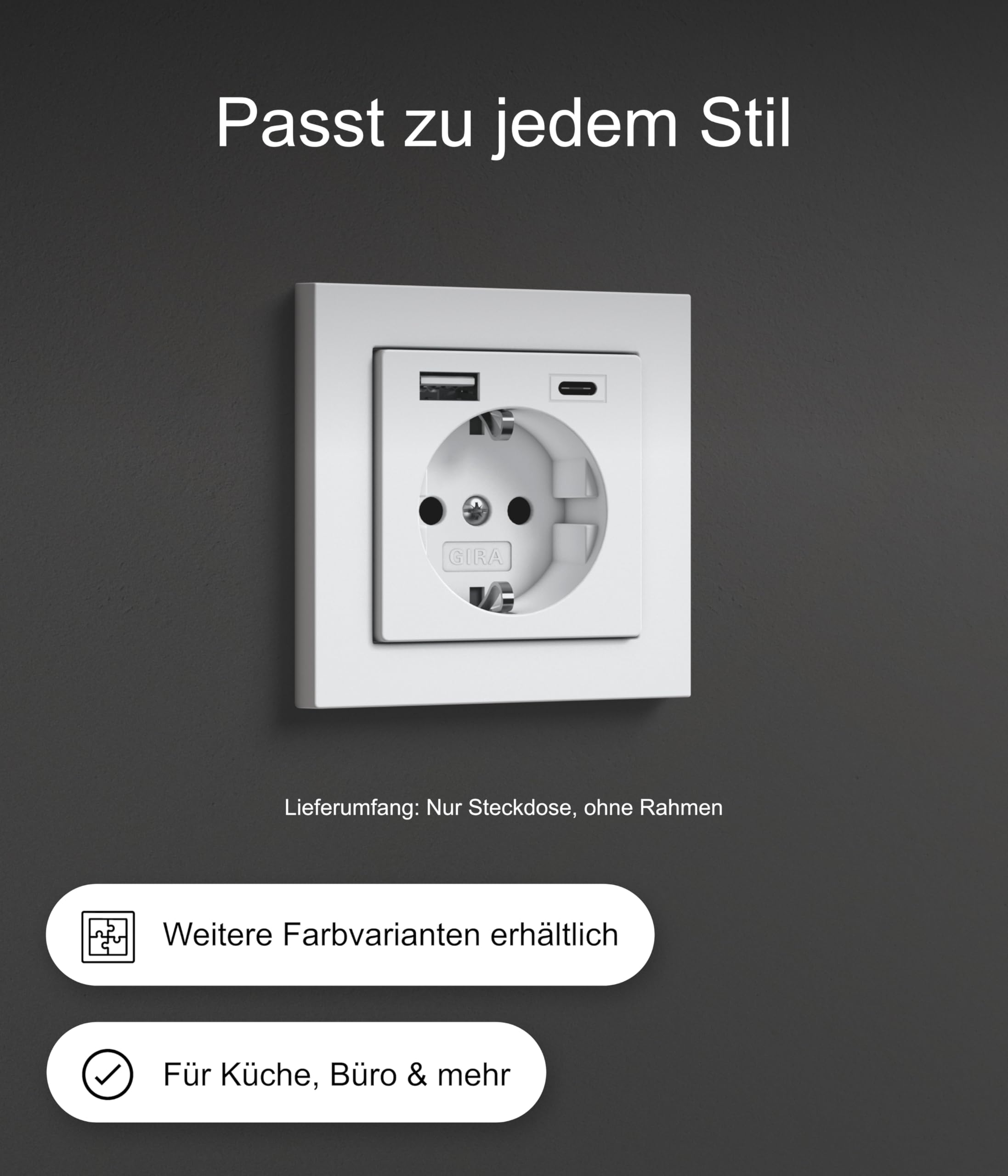 Gira USB Steckdose Schuko Standard 55 Schwarz matt I 2-fach USB Typ-A & Typ-C Ladeanschluss max.2,4A/3A I Unterputz Berührungsschutz 2459005 I 32 mm Einbautiefe I System 55 | Unterputz-Kombi mit 3A Ladestrom und erhöhtem Berührungsschutz, passend für Gira