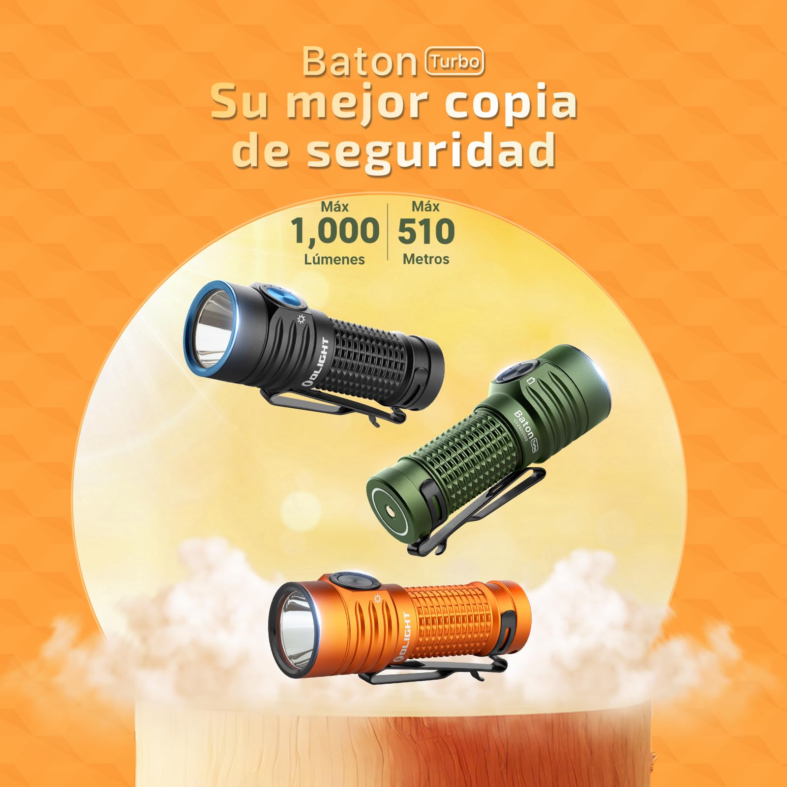OLIGHT BatonTurbo EDC Linterna de Mano Recargable, Led Compacto de 1000 Lúmenes y 510 Metros de Largo Alcance Potente Linterna de Bolsillo Para Comping, Senderismo y Uso Doméstico (Naranja)