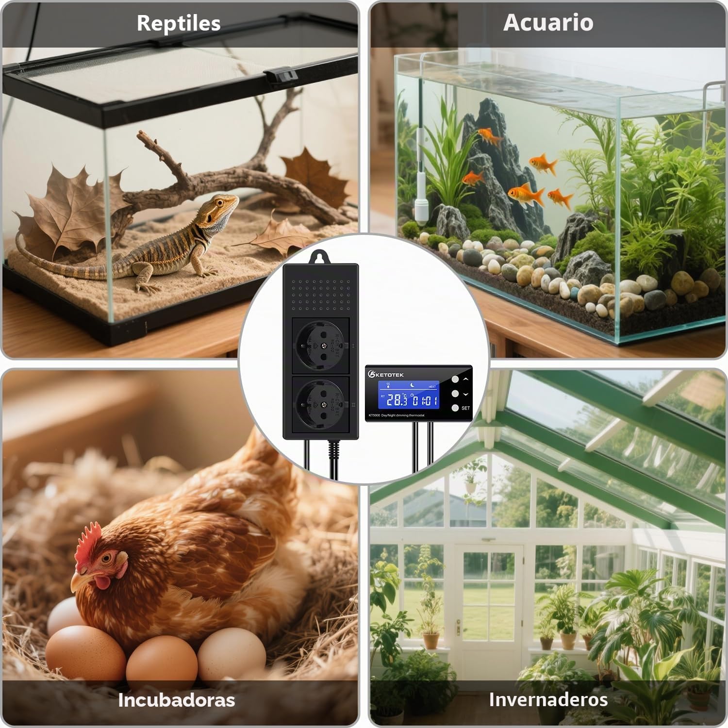 KETOTEK PID Atenuación Termostato Enchufe Controlador de Temperatura con Dia Noche Temporizador Digital Termostato con Sonda para Acuario Lámpara de Calor Invernadero Reptiles