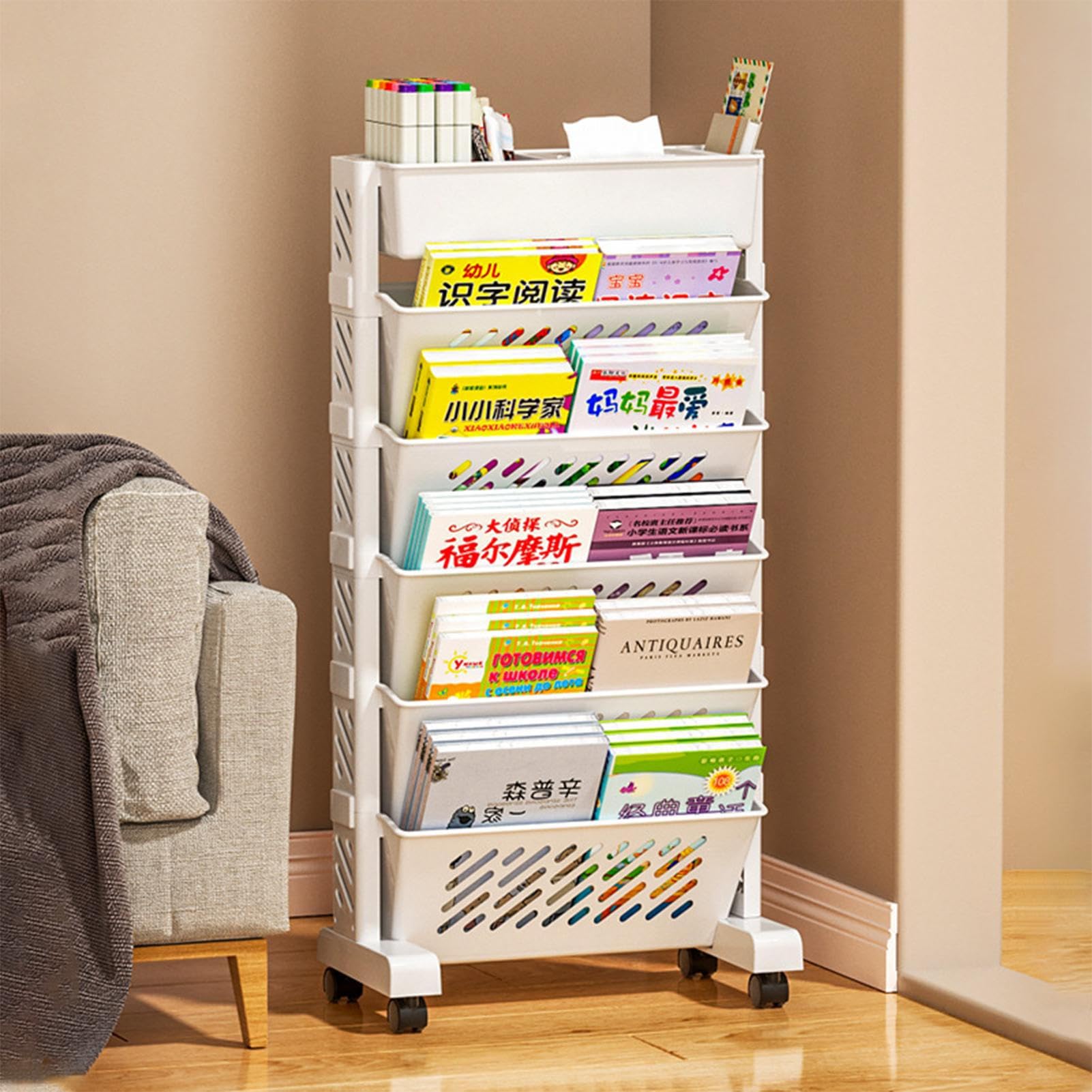 Estantería Móvil, Carrito De Estantería Móvil De 6 Niveles Con Ruedas, Revistero, Carritos De Libros Con Ruedas, Estantería Extraíble Multifuncional, Estante De Organización Rodante Compacto Y Práctic