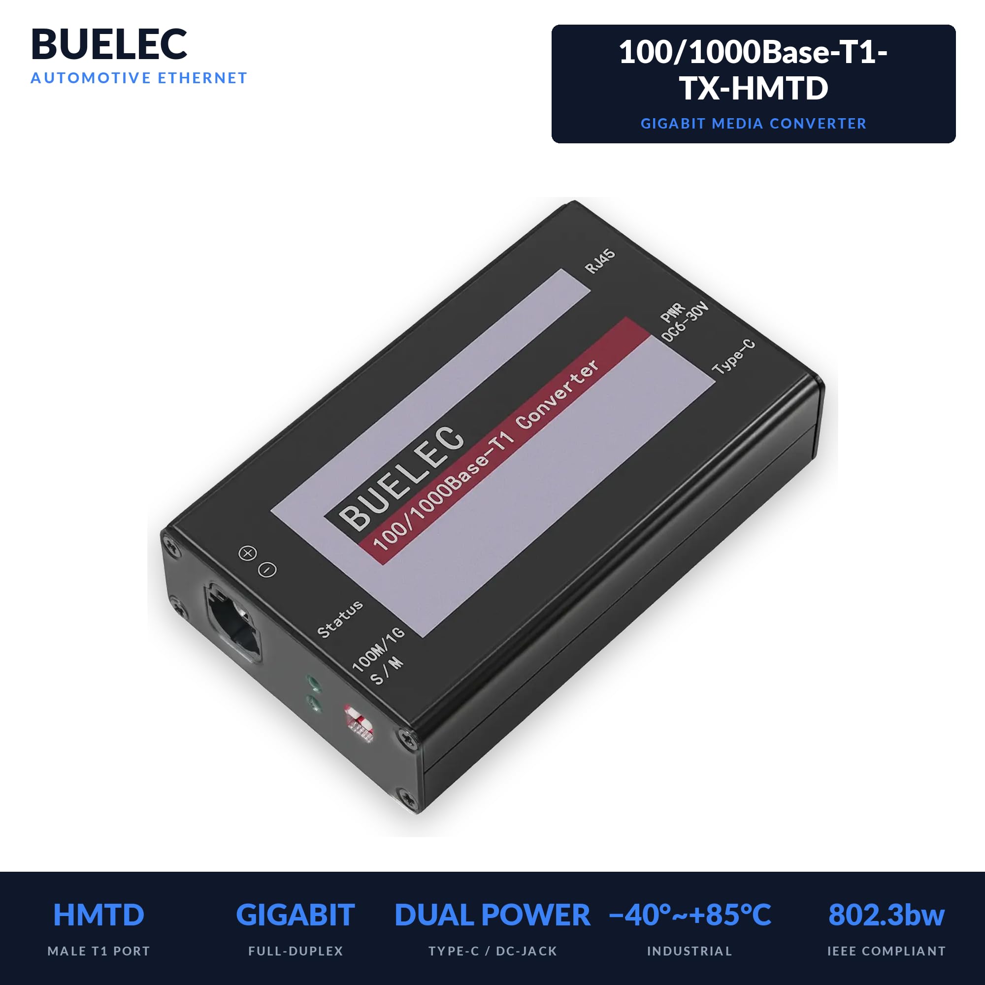100/1000Base-T1-TX-HMDT Automotive Ethernet Media Converter - 100/1000BASE-T1 to TX Adaptador, Marvell 88Q2112 & Realtek RTL8211FI Phy, H-MDT Connector, Industrial Grade Type-C/DC Power