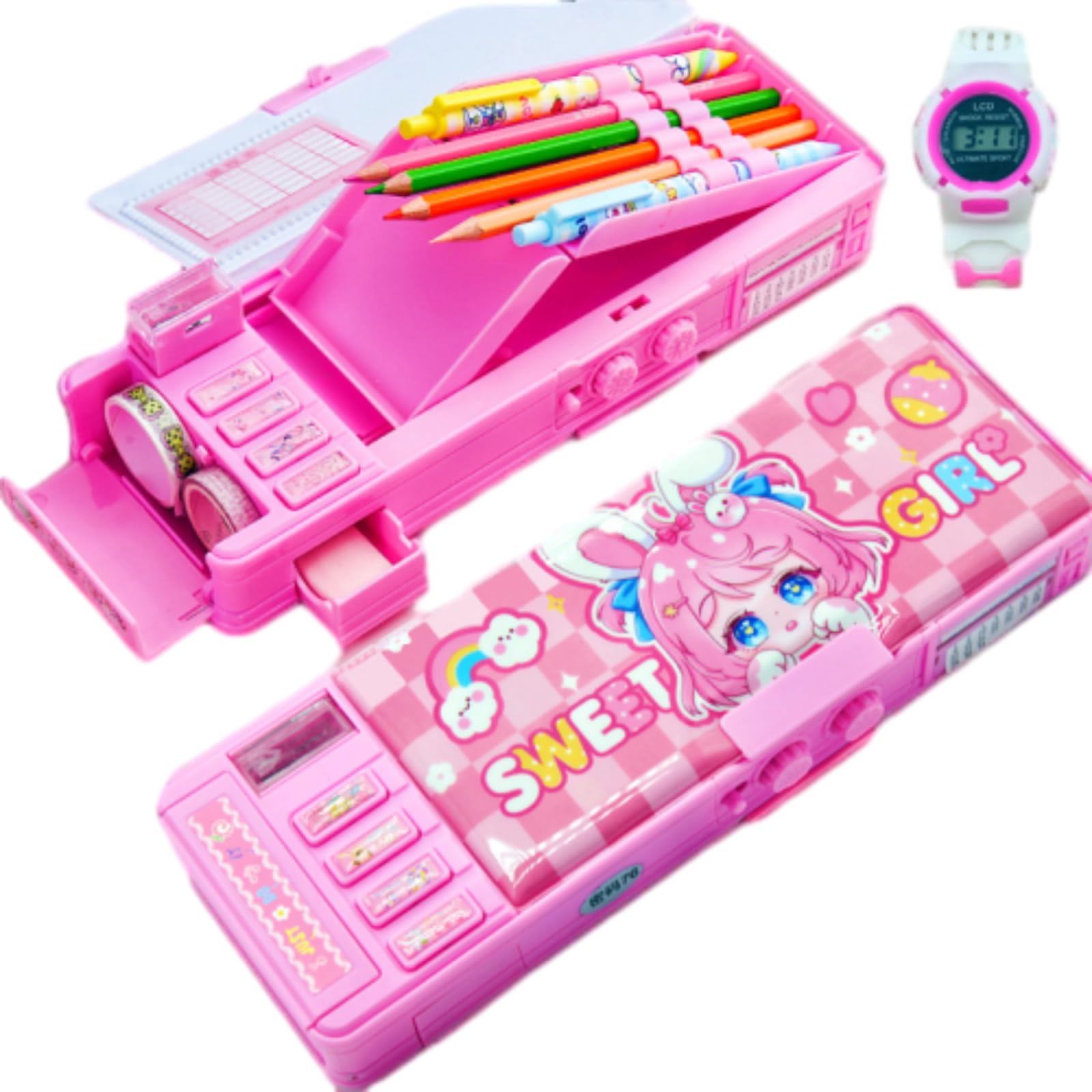 Astuccio Pop out, Astuccio Cartoleria Organizer con Scomparti Pulsante, Astucci Cancelleria per Bambini Ragazze Studenti, Include Eraser Righello Forbici Affinatore per Matite