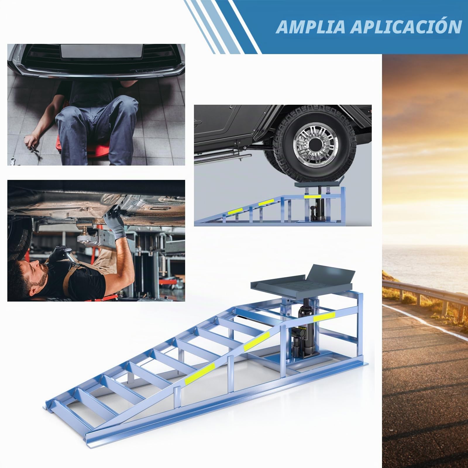 LARBANKE Rampa de acceso con gato hidráulico,5T vehículo de acero hidráulico rampa,Garaje Vehículo Elevador hidráulico con cinta adhesiva reflectante,Altura ajustable
