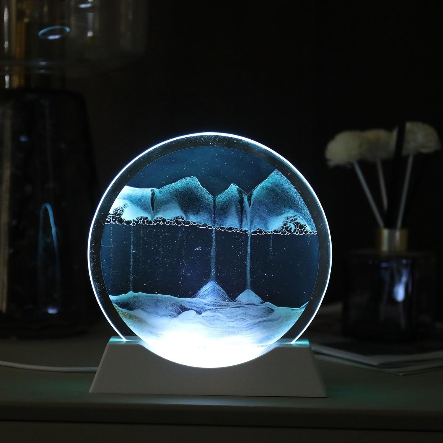 Moving Sand Art Picture 3D Liquid Motion, Round Glass Night Light, Luminous Quicksand Painting Ornaments for Adult Stress Relief and Office Decor(Blue,17.5CM)