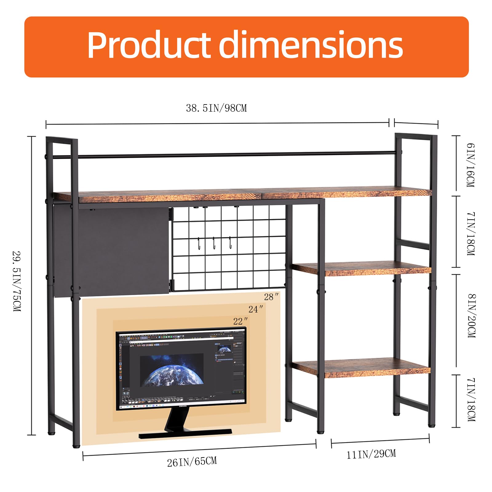Schreibtisch-Bücherregal, 3-stöckig, 97,8 cm, Schreibtisch-Organizer, Regal und Computer-Monitorständer, dunkelbraun