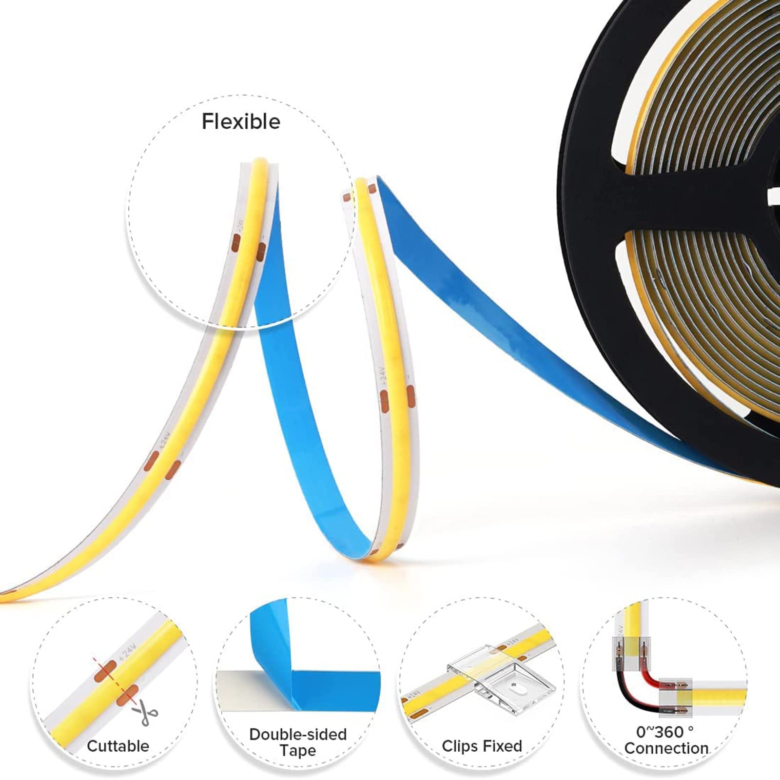 BTF-LIGHTING FCOB COB Tira de LED flexible de alta densidad y uniforme Blanco cálido 3000K 5M 336LEDs DC24V 8W/M CRI 90+ 8mm de ancho Cinta de LED regulable(Sólo Tira LED)