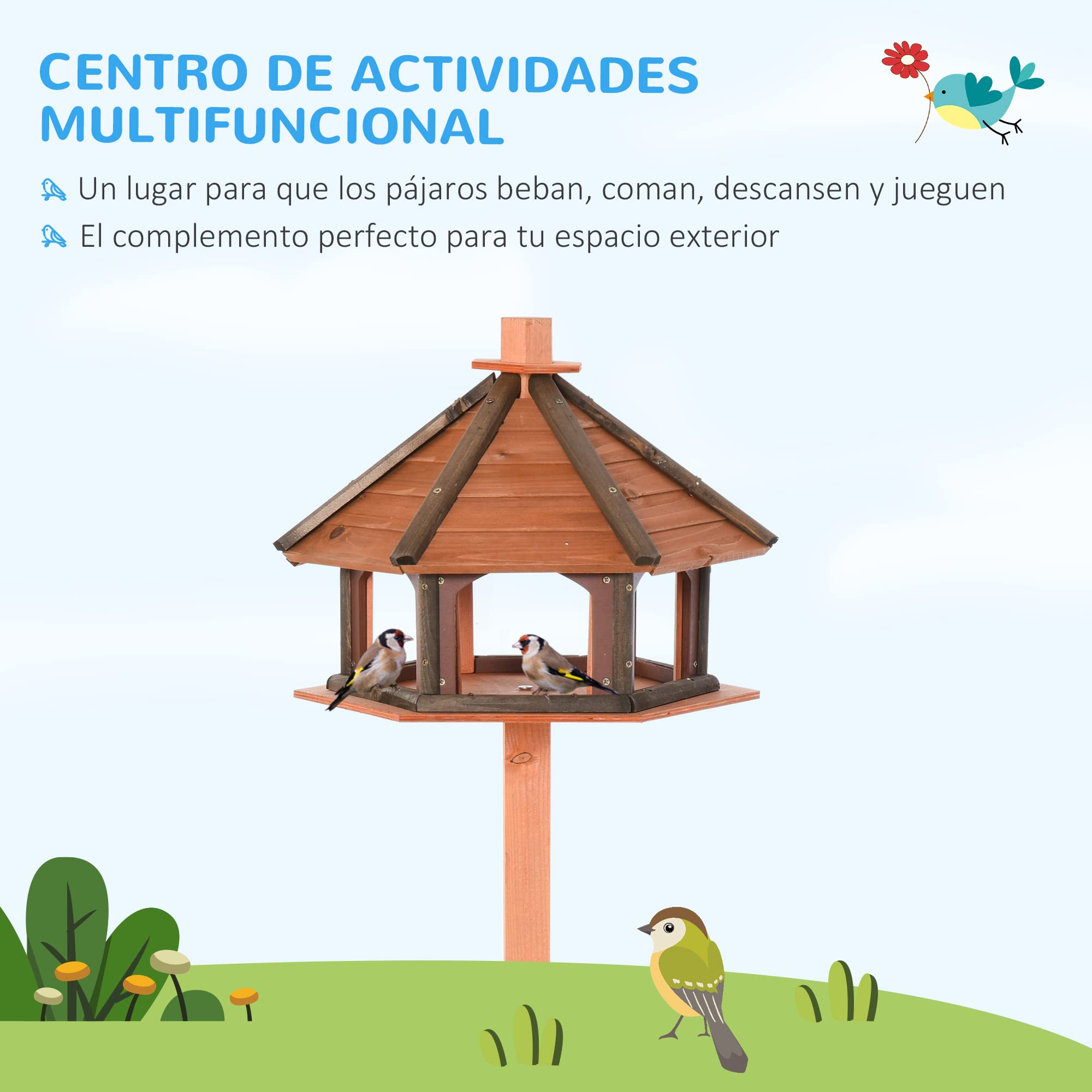 PawHut Comedero para Pájaros de Pie de Madera Maciza Ø52x130 cm con Techo Alimentador de Aves Silvestres Jardín Natural