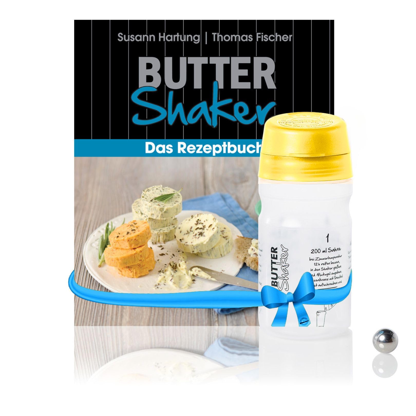 EINSTEIGER-Set für EINFACHES Butter Machen mit dem patentiertem Butter-Shaker (325ml) in GELB + kreativem Rezeptbuch (Verlag Südwest). Viele Neue Rezepte für Butter und Buttermilch