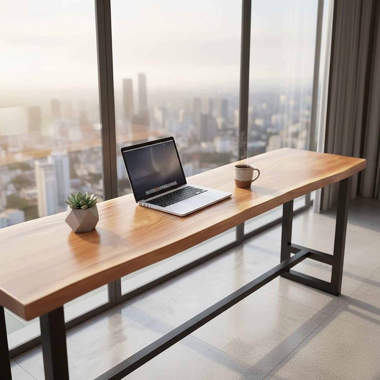 Solid Wood Bar Height Table, Long Narrow High Top Pub Table with Natural Live Edge & Metal Legs, Industrial Counter Height Dining Table for Kitchen, Living Room, Window, or Cafe