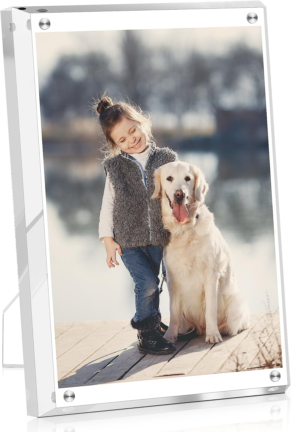 Acrylic Picture Frame 4x6, Clear Picture Frames with Stand, Magnetic Frame Acrylic Lucite Frameless Transparent Cubes Floating Gift for Home Office Desktop Display
