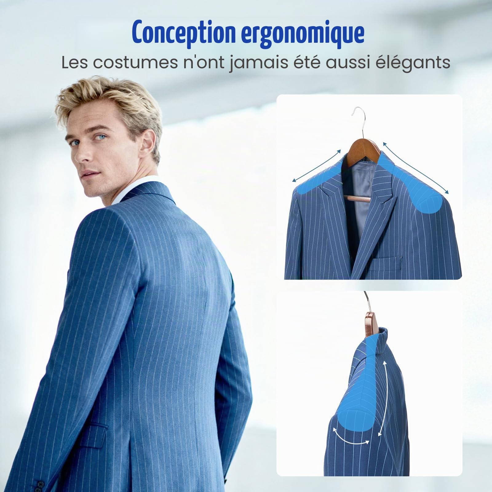 HOUSE DAY Cintres Bois 6 Pièces, Vintage, Cintre à Épaule Large pour Hanger Vêtements Adultes, Cintre Manteau avec Crochet Rotatif 360° et Support Anti-Dérapant pour Vestes, Chemises, Pantalons