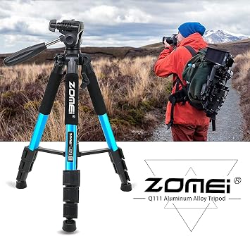 coverzone Zomei Q111 Camera Tripod + Remote Control with Mobile Phone Holder, Aluminum Alloy Lightweight Camera Stand Tripod 3 Way Rotary Head Quick Change Plate and Bag 47 – 140cm Blue Color