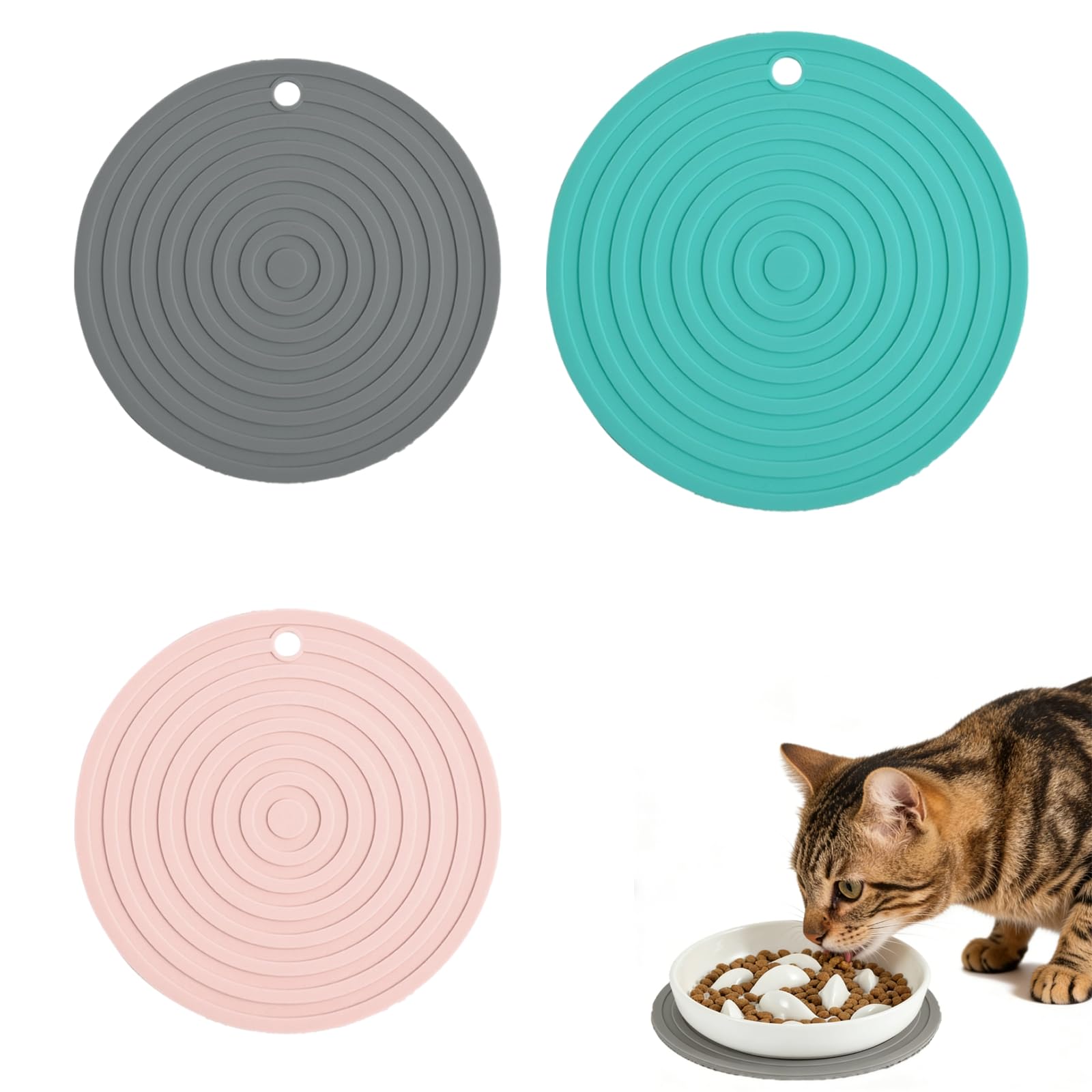 Tappetino Sottociotola per Cani e Gatti, Set 3 Pezzi in Silicone Antiscivolo Impermeabile, 2 x 16 cm e 1 x 18 cm, Base per Ciotole Cibo Acqua, Protezione Pavimento per Casa Viaggio e Campeggio