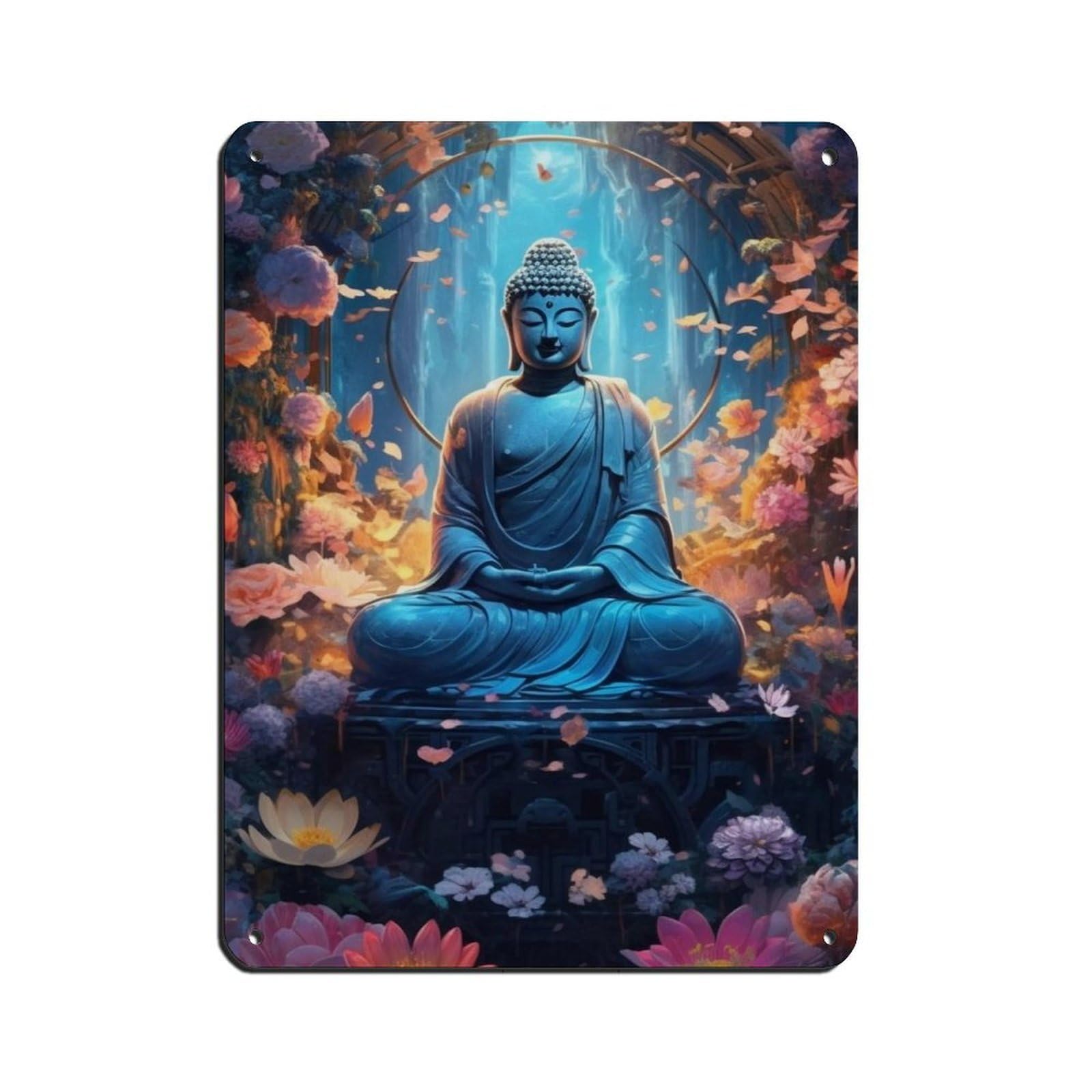 Illuminated Buddha Surrounded by Flowers Tin Sign Vintage Metal Pub Club Cafe Bar Home Wall Art Decoration Poster Retro 12x16inch(30x40cm)
