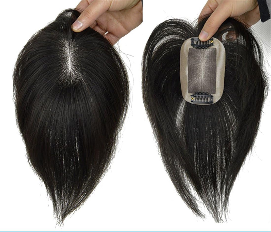 QIHAIR 2"x3" Mono Hair Topper Straight Virgin Human Hair Clip in Crown Hair Piece Toupee for Women (10" Off Black)
